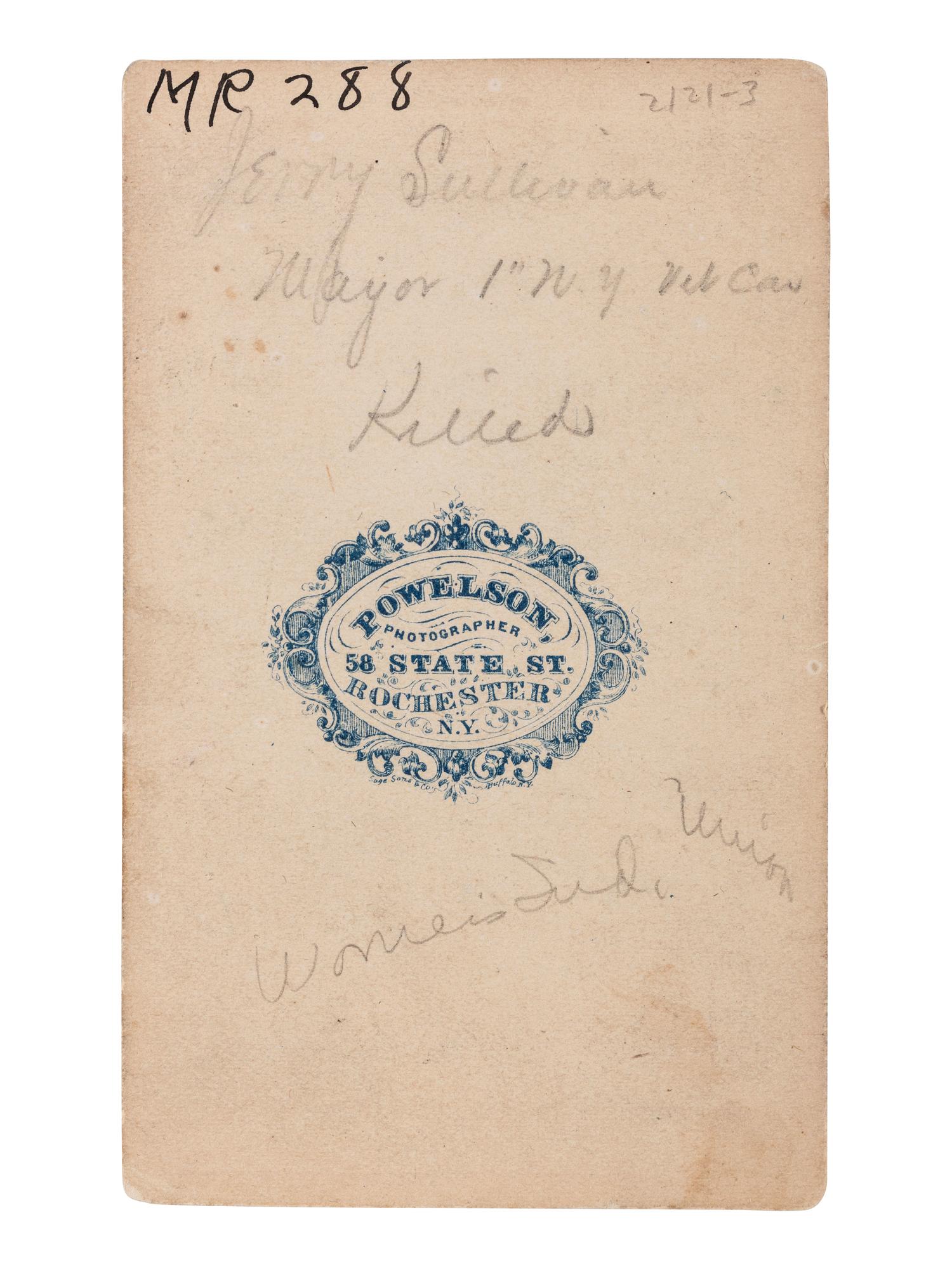 [CIVIL WAR]. Presentation watch engraved to Major Jeremiah A. Sullivan, 13th NY Infantry & 1st NY Veteran Cavalry, KIA at Cabletown, WV, with CDV in uniform.