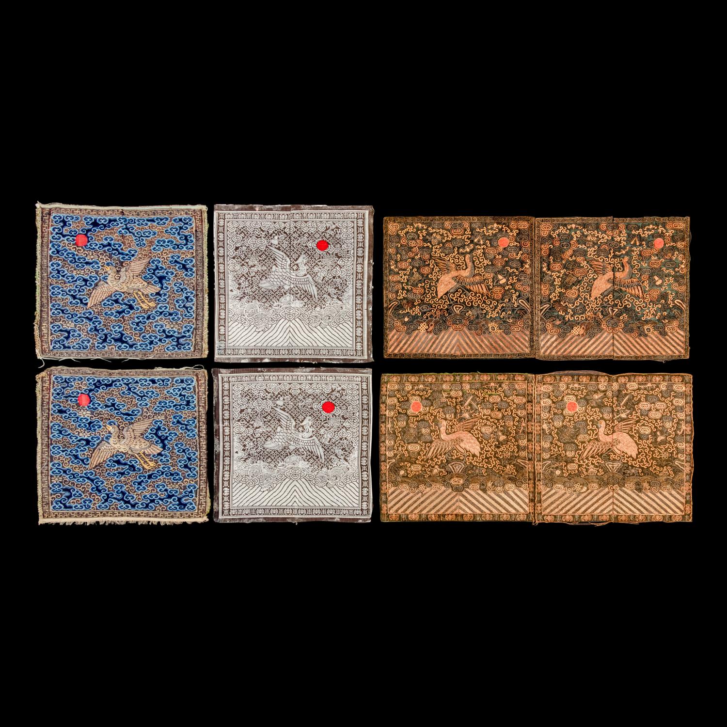 Eight Chinese Silk Civil Official's Rank Badges, Buzi, 19th Century 清晚期 刺綉、織錦、緙絲補子八幅