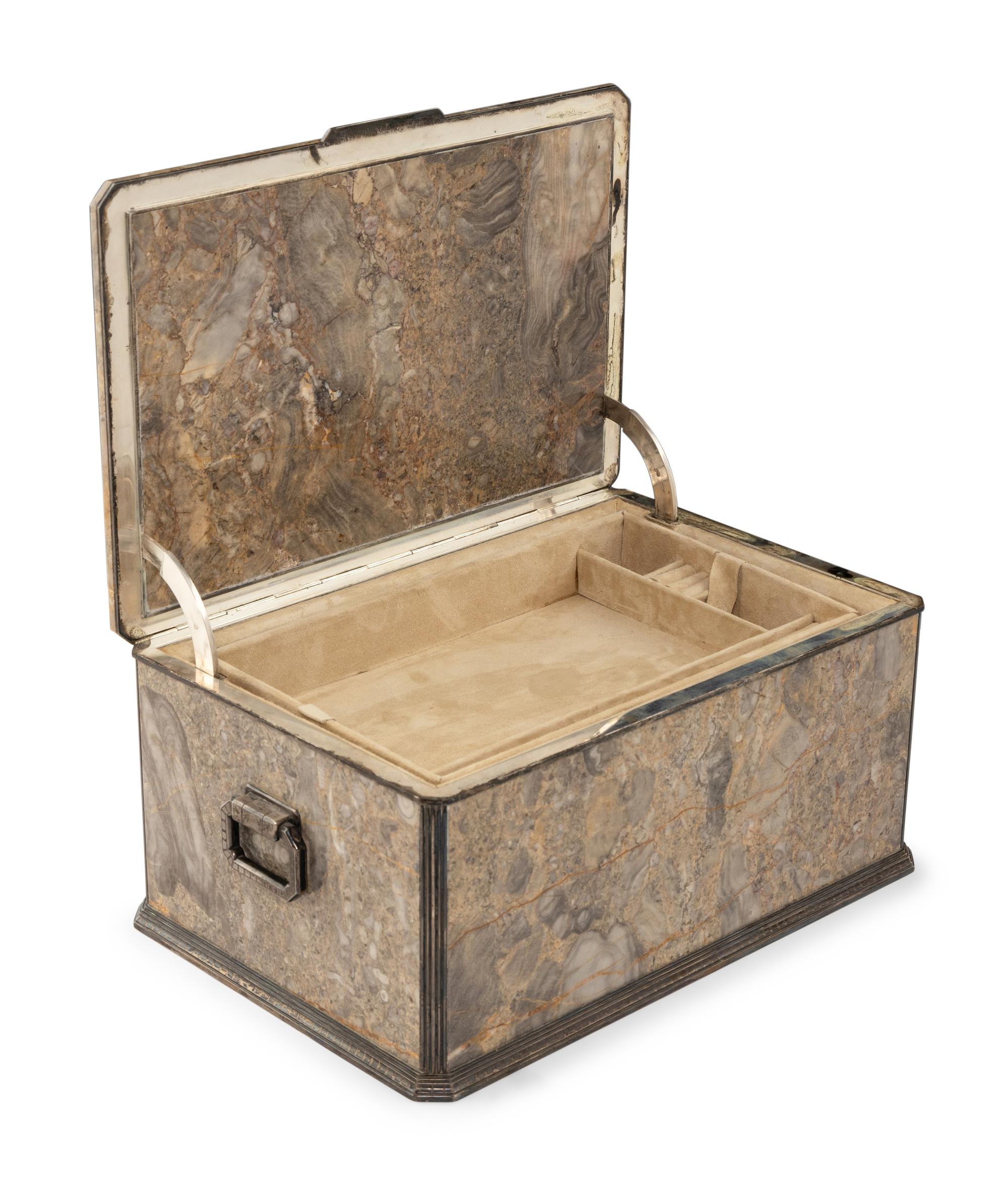 A Tiffany and Co. Silver Mounted Agate Jewelry Casket