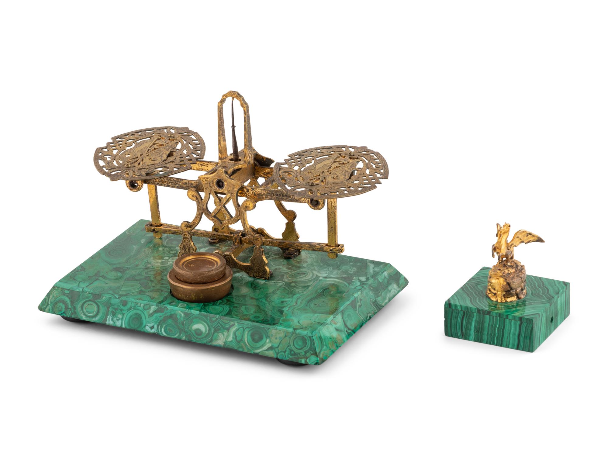 A Gilt Bronze and Malachite Balance Scale and a Similar Paperweight