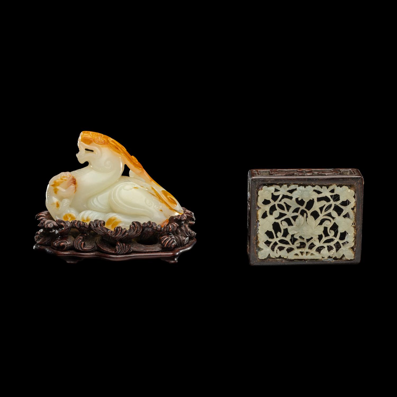 Two Chinese Carved Jade Articles 白玉天祿及青玉鏤雕蓮紋墨床