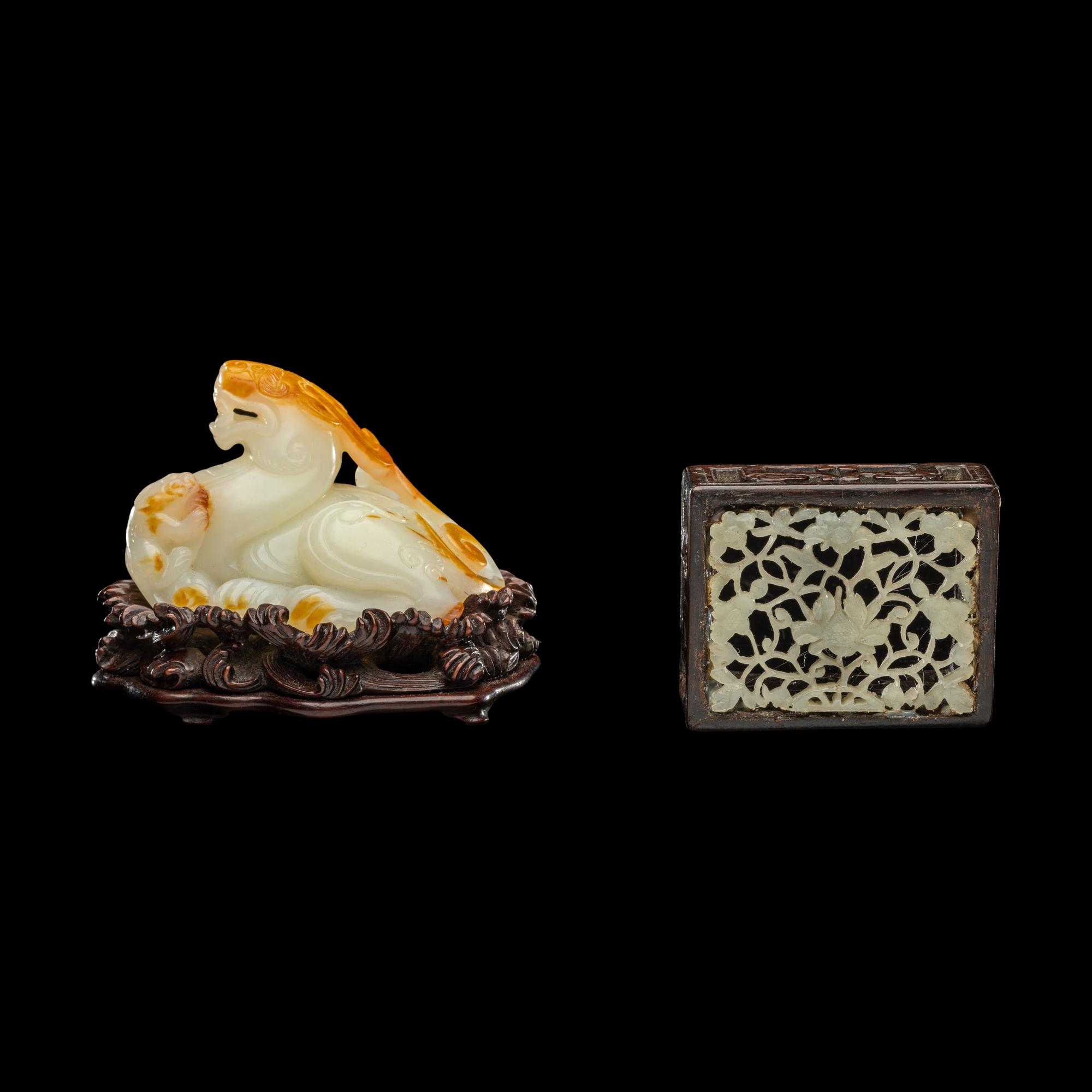 Two Chinese Carved Jade Articles 白玉天祿及青玉鏤雕蓮紋墨床