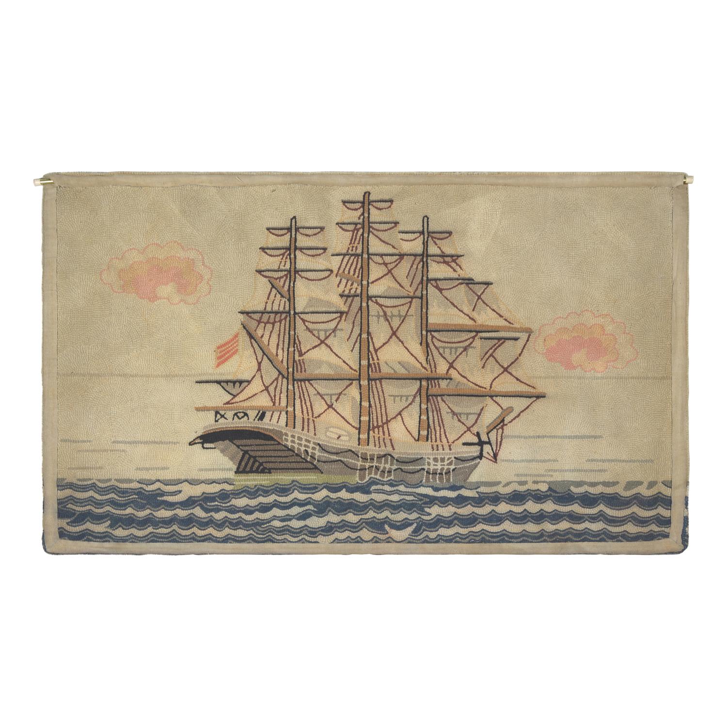 A Hooked Rug Depicting a Ship