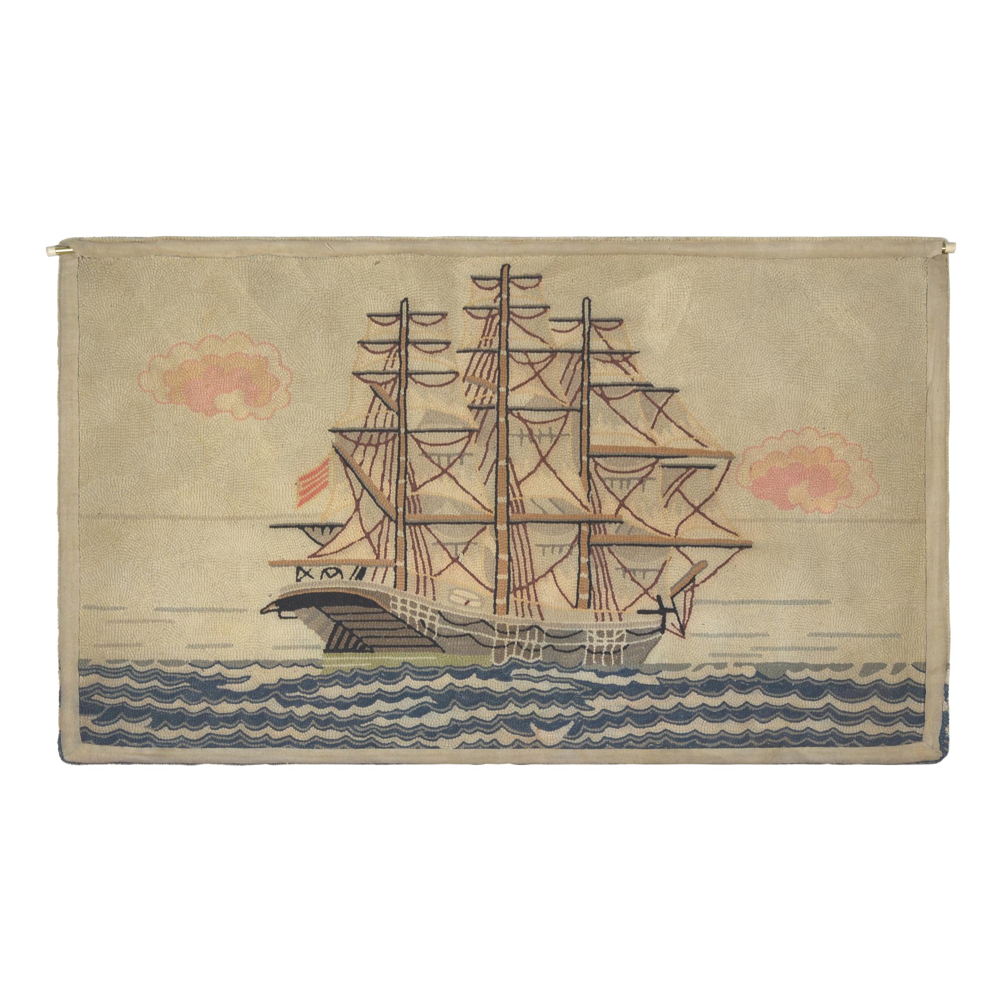 A Hooked Rug Depicting a Ship