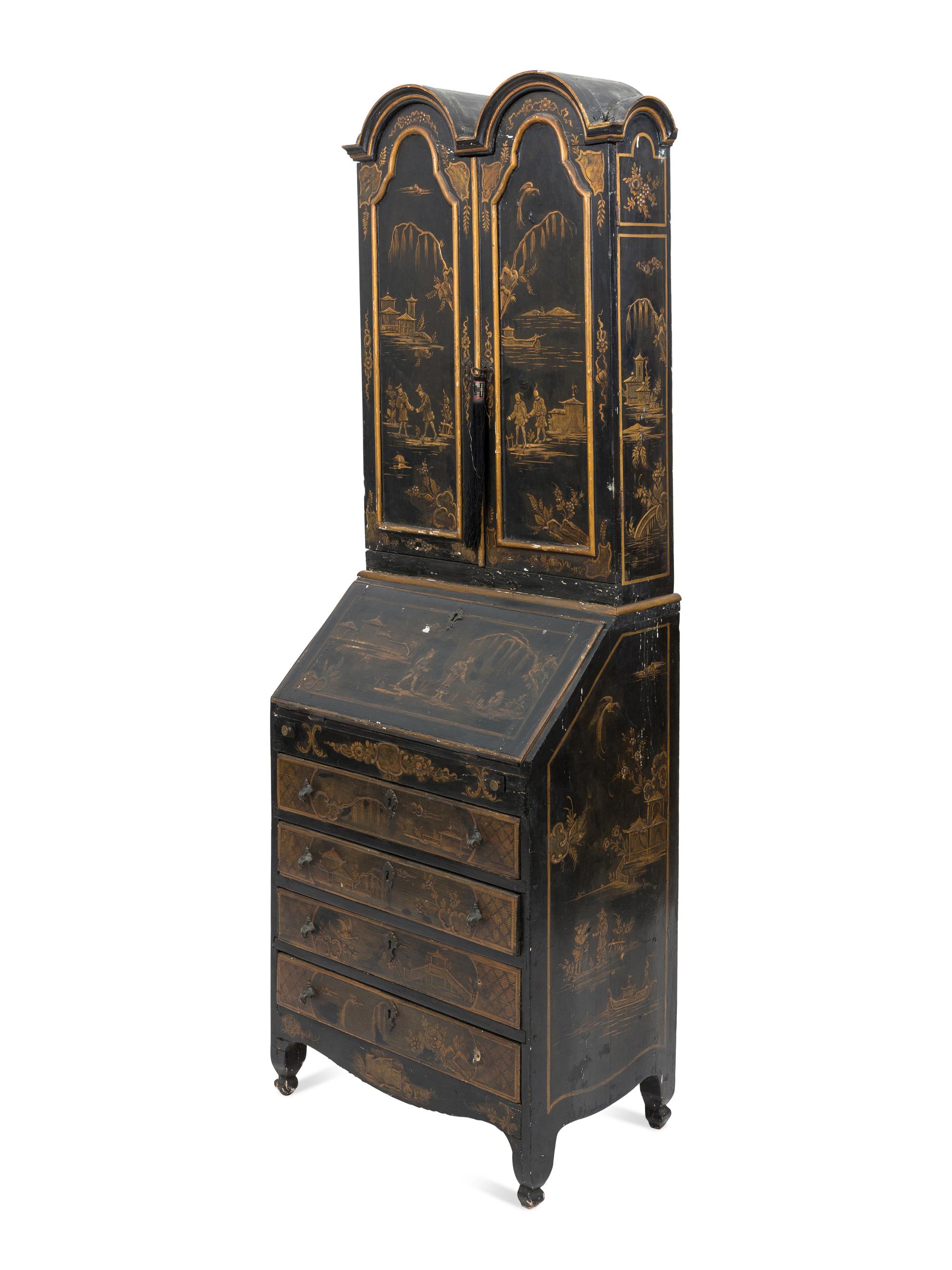 A Chinoiserie-Decorated Painted and Parcel Gilt Bureau Bookcase