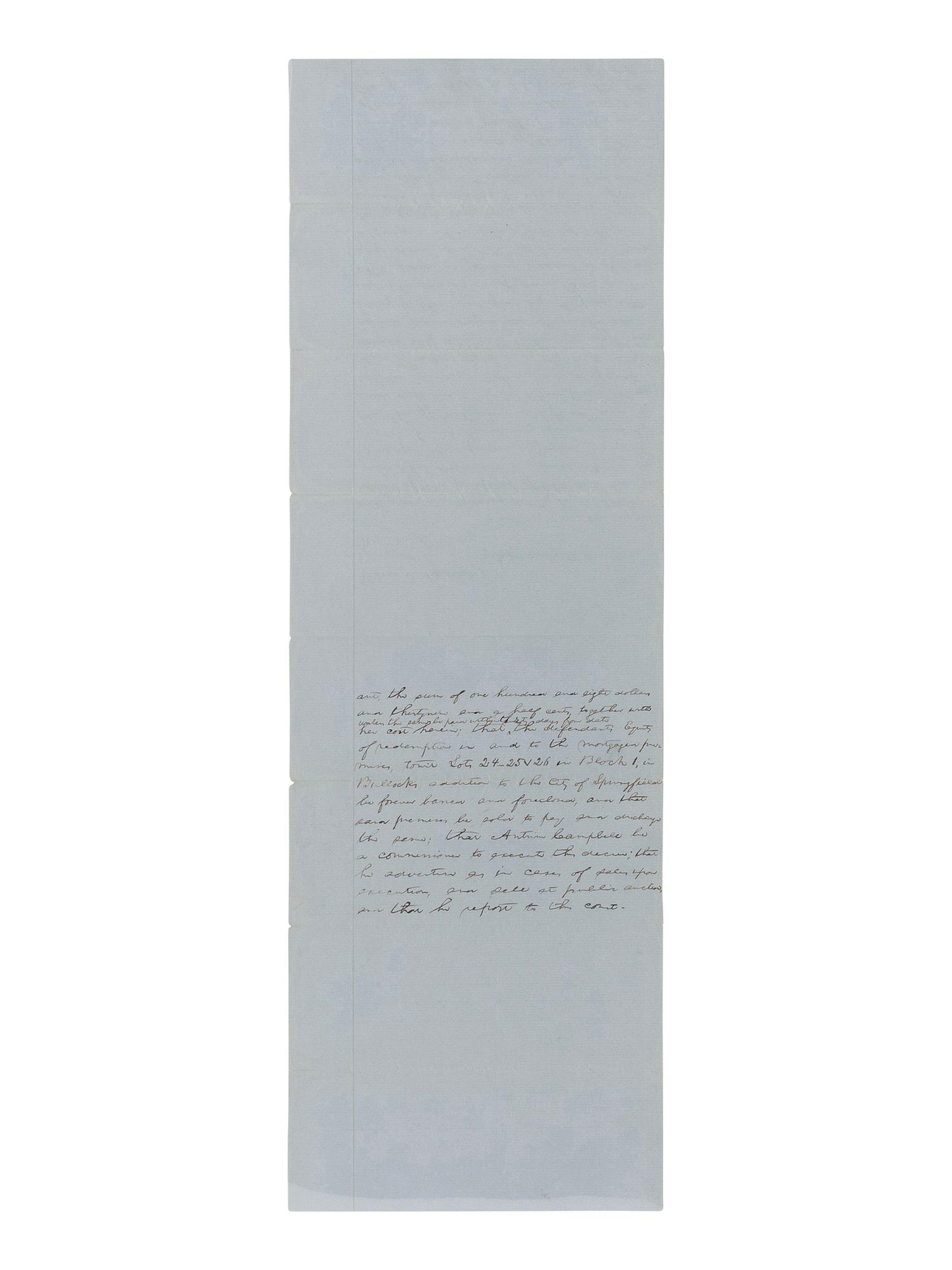 LINCOLN, Abraham (1809-1865). A small archive of 9 manuscript and partially printed documents relating to the Bullock Land Transaction, Springfield, Illinois, 1855-1859, comprising: