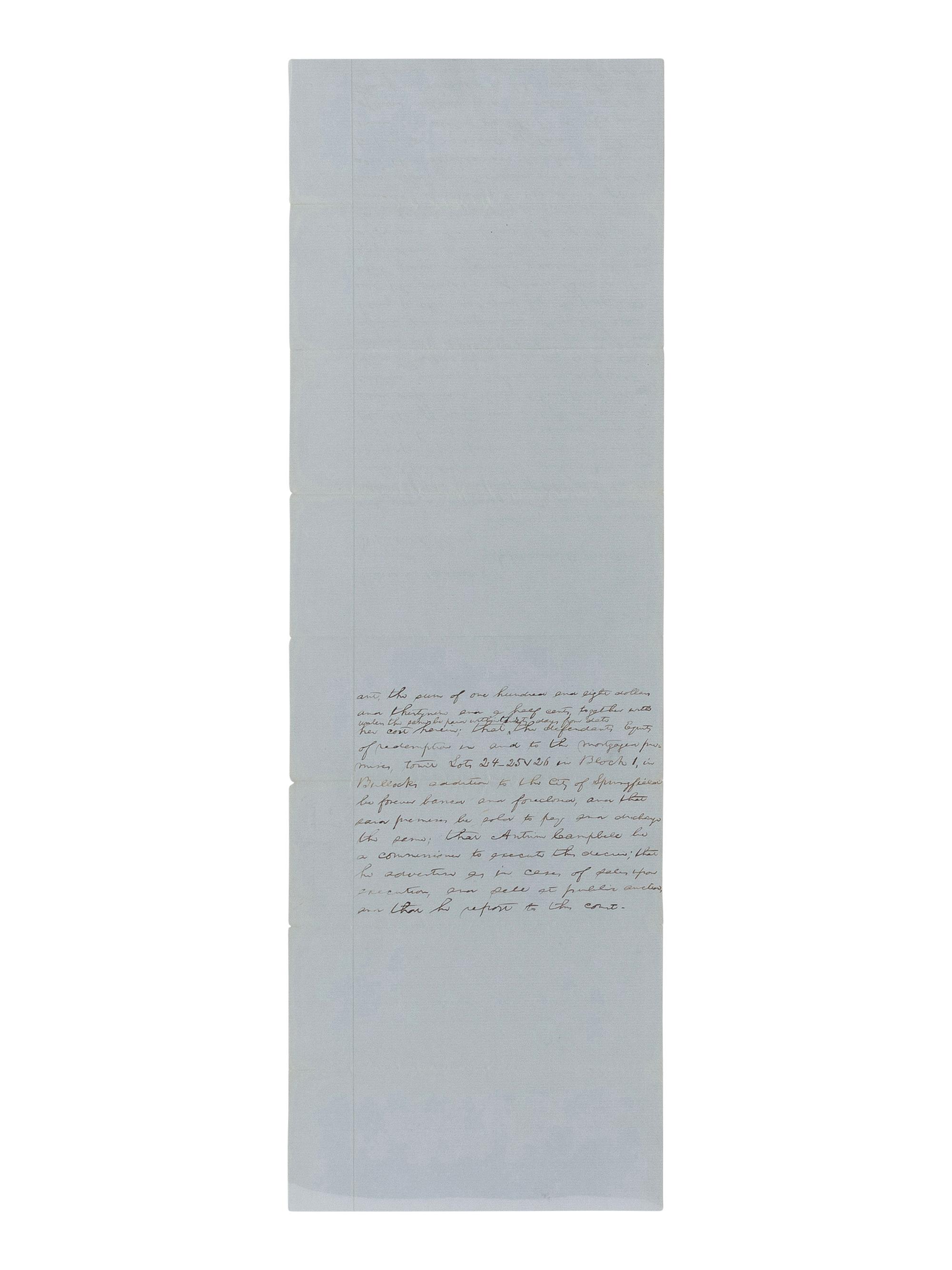 LINCOLN, Abraham (1809-1865). A small archive of 9 manuscript and partially printed documents relating to the Bullock Land Transaction, Springfield, Illinois, 1855-1859, comprising: