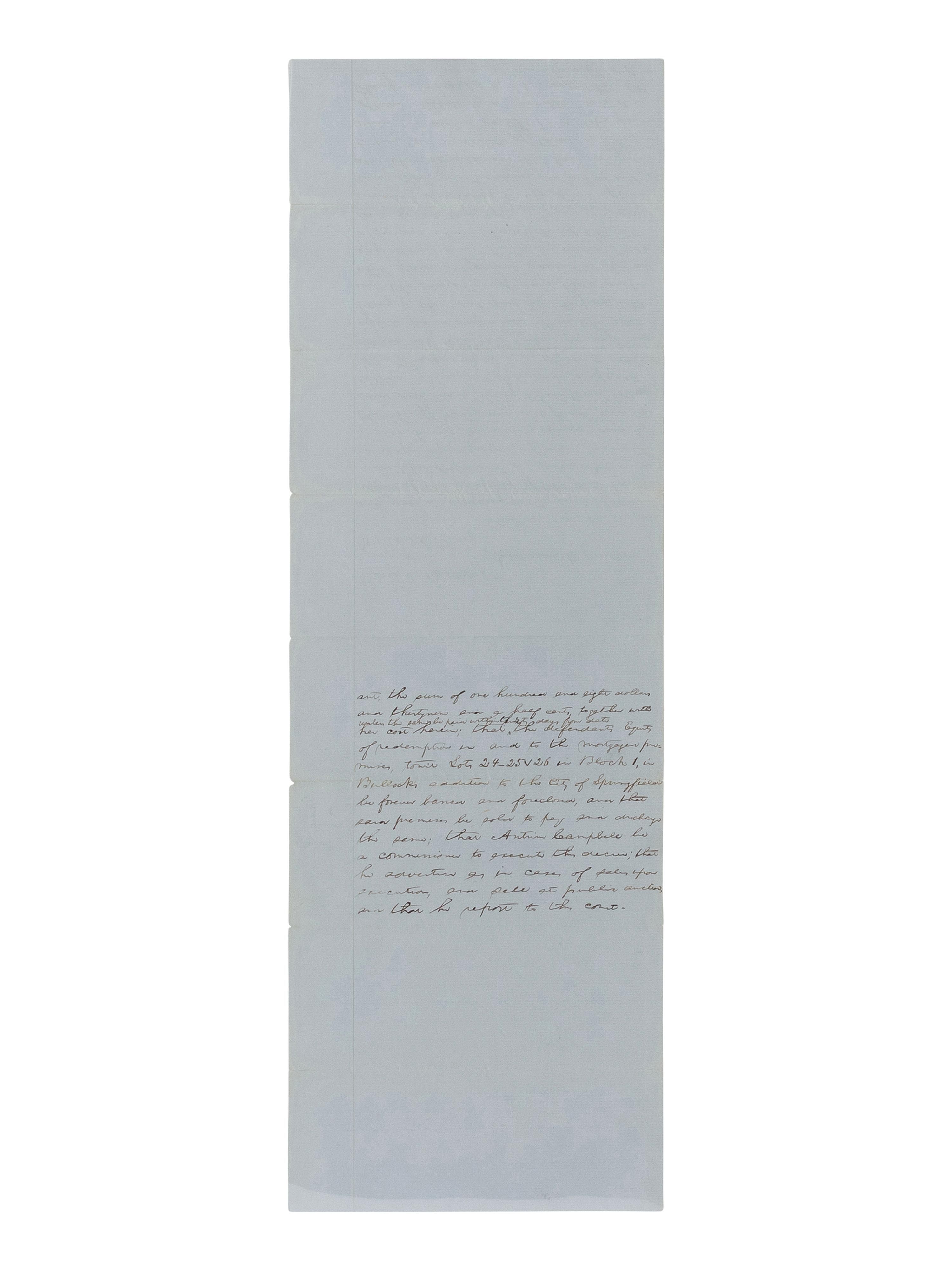 LINCOLN, Abraham (1809-1865). A small archive of 9 manuscript and partially printed documents relating to the Bullock Land Transaction, Springfield, Illinois, 1855-1859, comprising:
