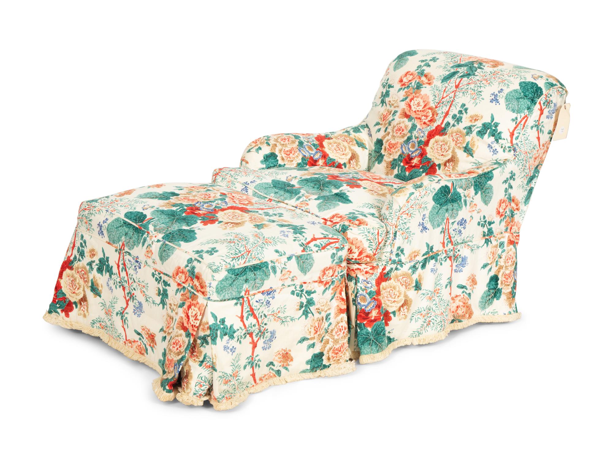 A Printed Cotton-Upholstered Three-Cushion Sofa, Club Chair and Ottoman