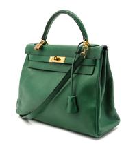 An Hermes 32cm Green Leather Kelly Bag, 12 1/2 x 9 x 4 1/2 inches.