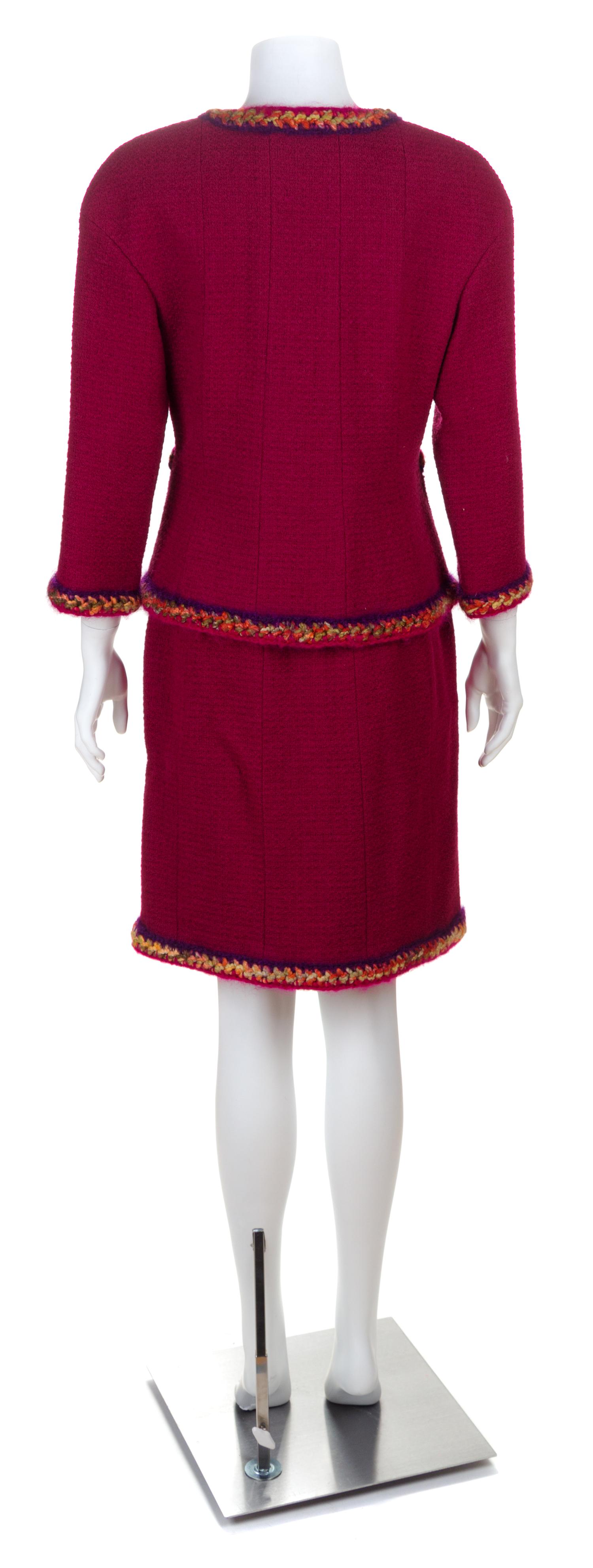 A Chanel Raspberry Wool Boucle Skirt Suit Ensemble, Size 40.