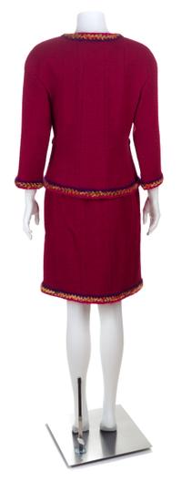 A Chanel Raspberry Wool Boucle Skirt Suit Ensemble, Size 40.