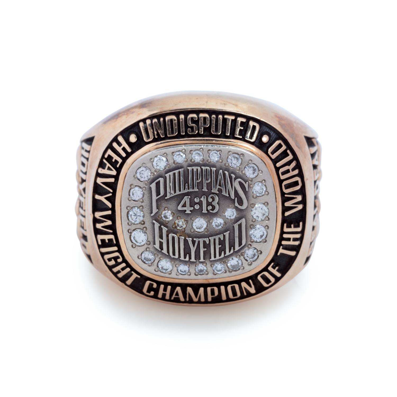 A Rare 1990 Evander Holyfield Team Issued Gold and Diamond Heavyweight Boxing Championship Ring Presented by Holyfield to Longtime Associate