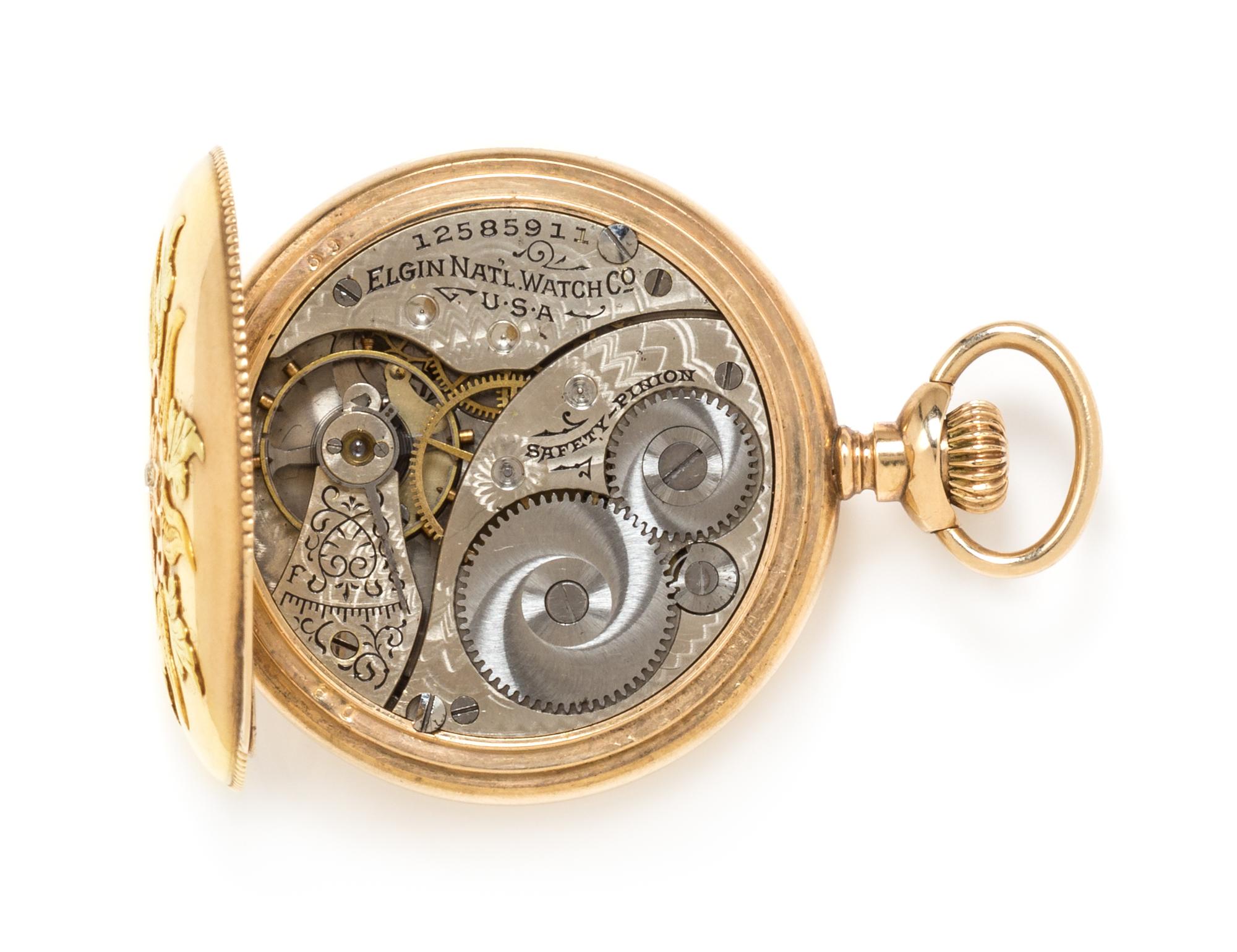 A 14 Karat Tricolor Gold and Diamond Hunter Case Pocket Watch, Elgin, Circa 1907, 22.40 dwts.