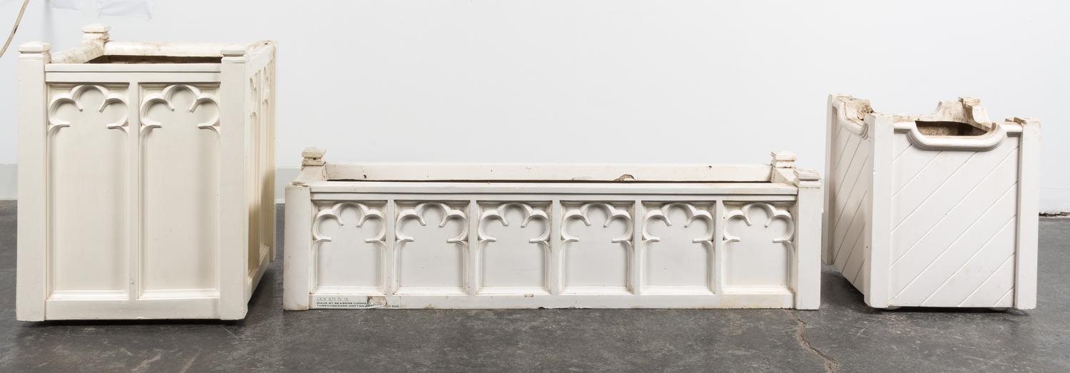 A Group of Three Fiberglass Jardinieres Width of largest 44 inches.