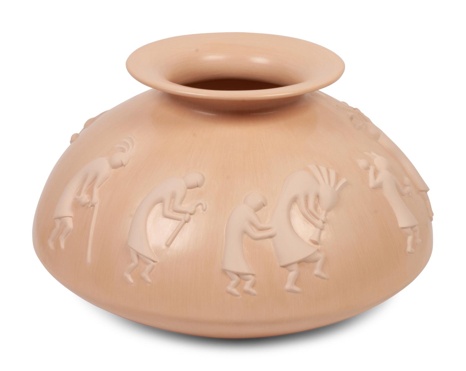 Large Buffware Pottery Jar, With Relief Carved Dancing Figures