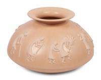 Large Buffware Pottery Jar, With Relief Carved Dancing Figures