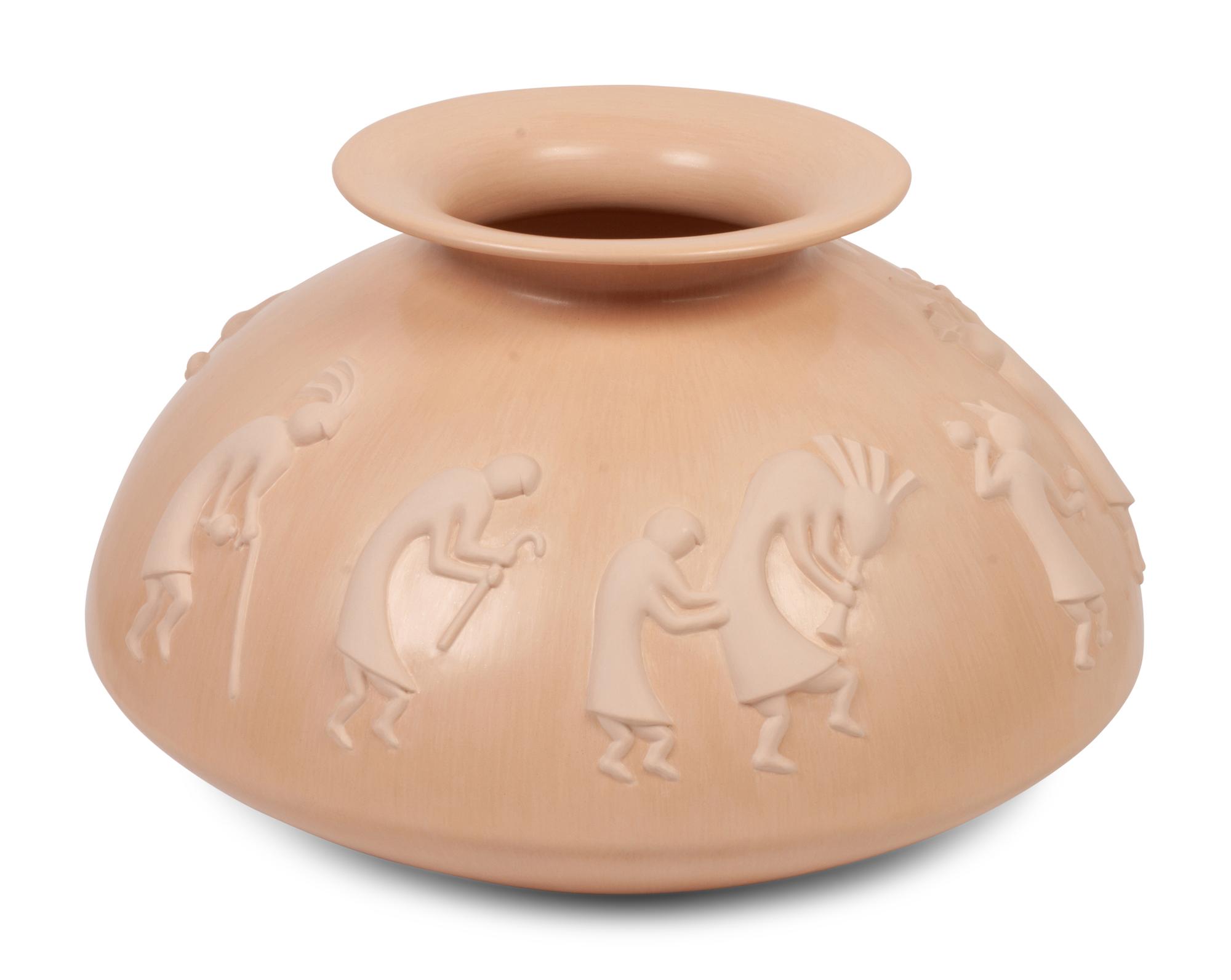 Large Buffware Pottery Jar, With Relief Carved Dancing Figures