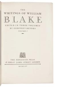 [BLAKE, William]. The Writings of William Blake. Geoffrey Keynes, editor. London: The Nonesuch Press, 1925. -- [ Uniformly bound with: ] WILSON, Mona. The Life of William Blake . London: The Nonesuch Press, 1927.
