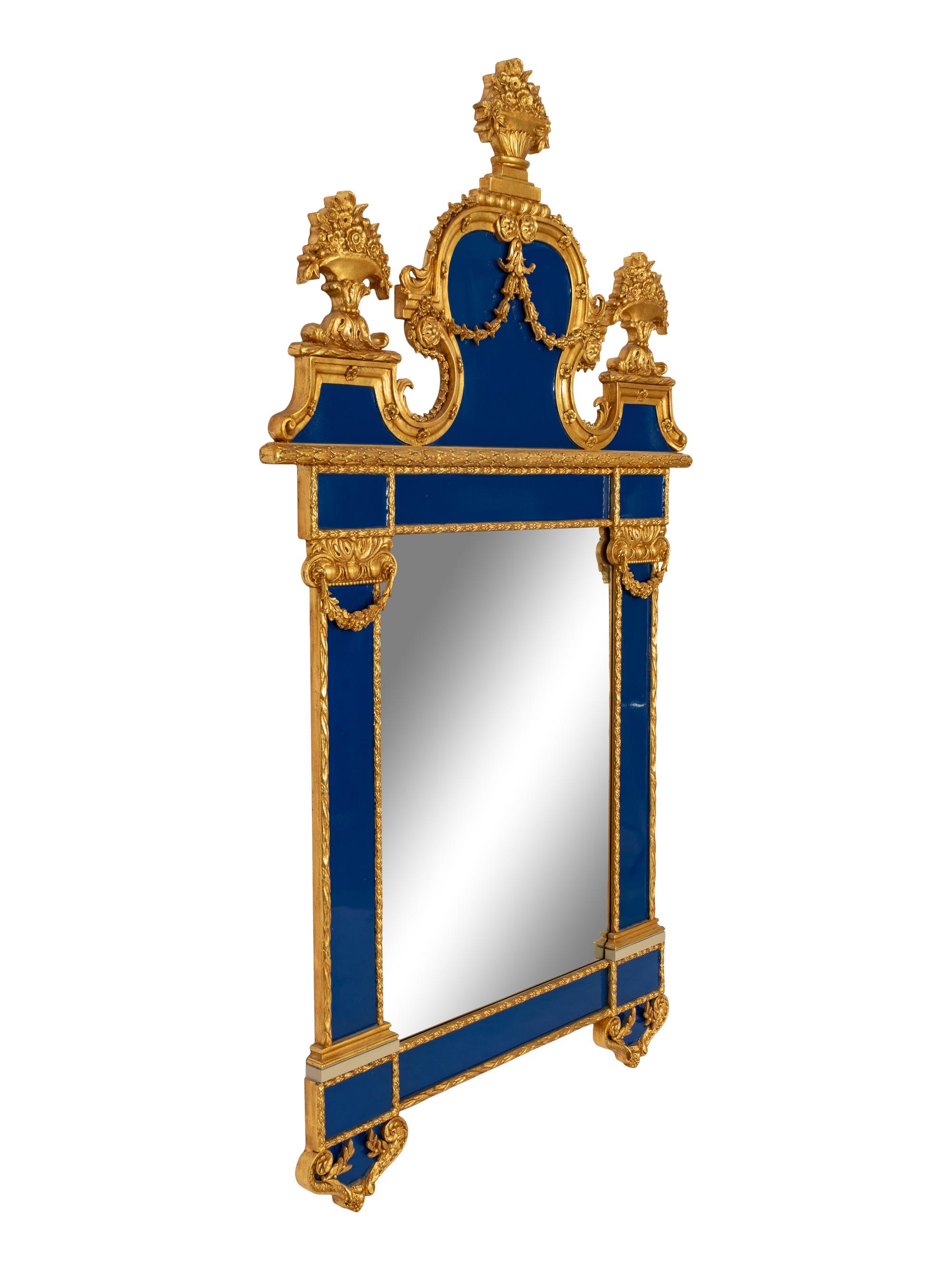 A Large Swedish Baroque Style Blue-Laquer and Parcel Gilt Mirror