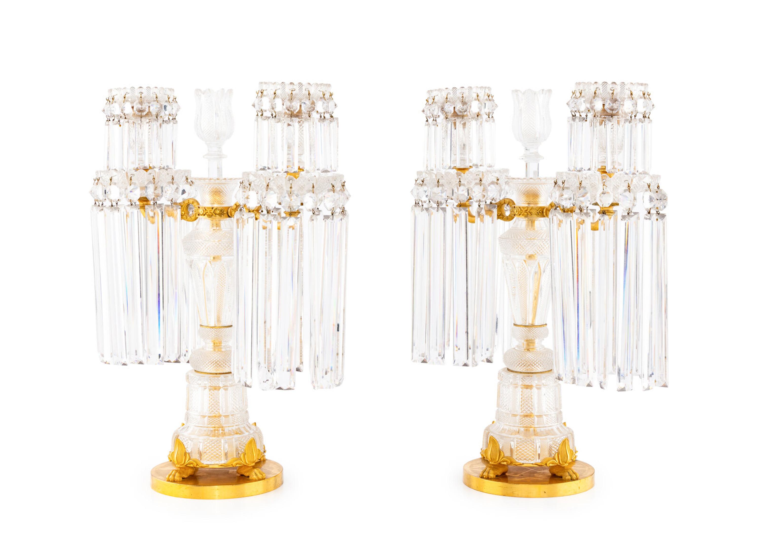 A Pair Regency Ormolu Mounted Cut-Glass Three-Light Candelabra