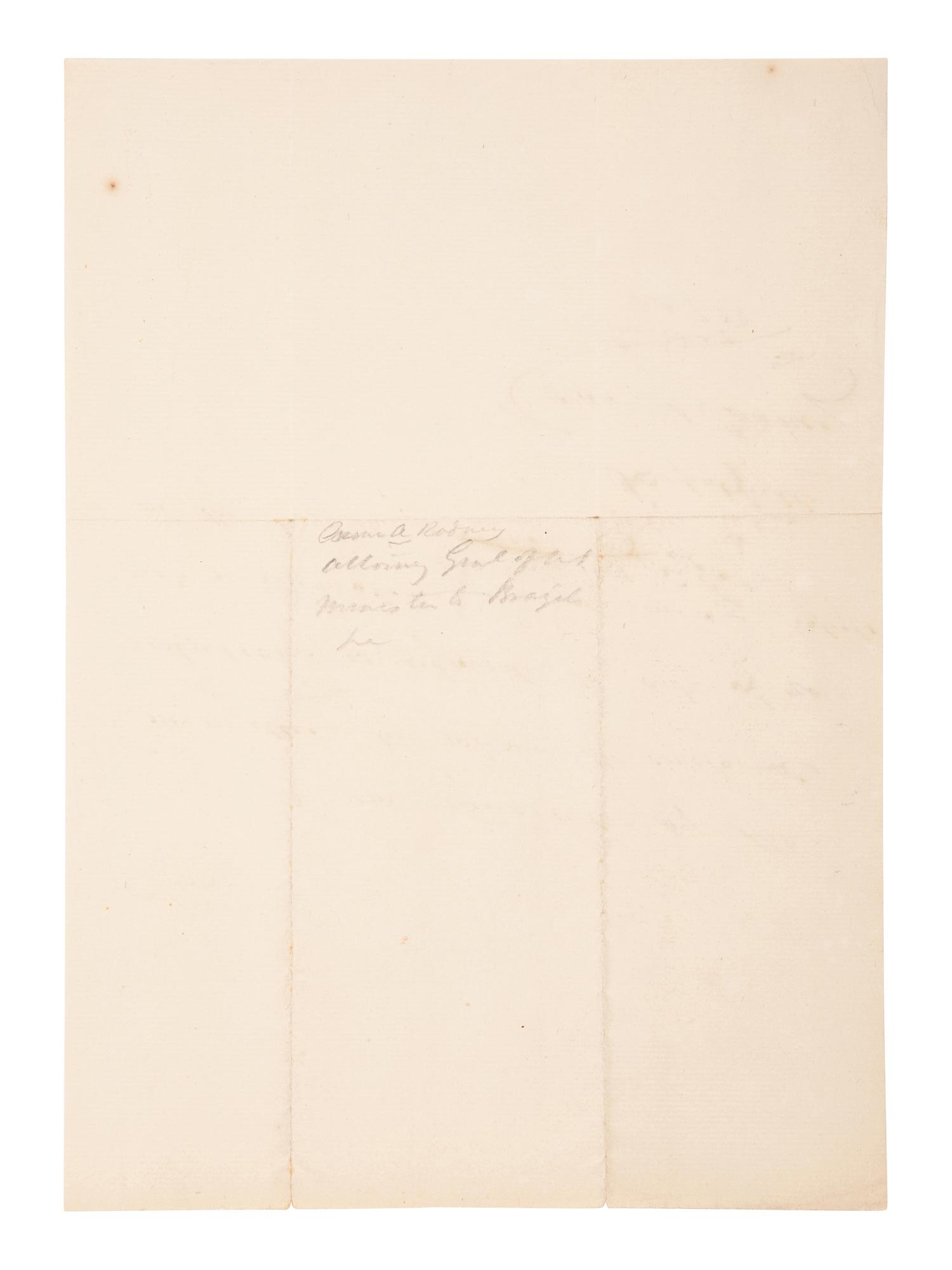 RODNEY, Caesar Augustus (1772-1824). Autograph letter signed (“Caesar A. Rodney”), as United States Minister to Argentina, to an unnamed recipient. [Washington D. C.], 7 February, 1823.