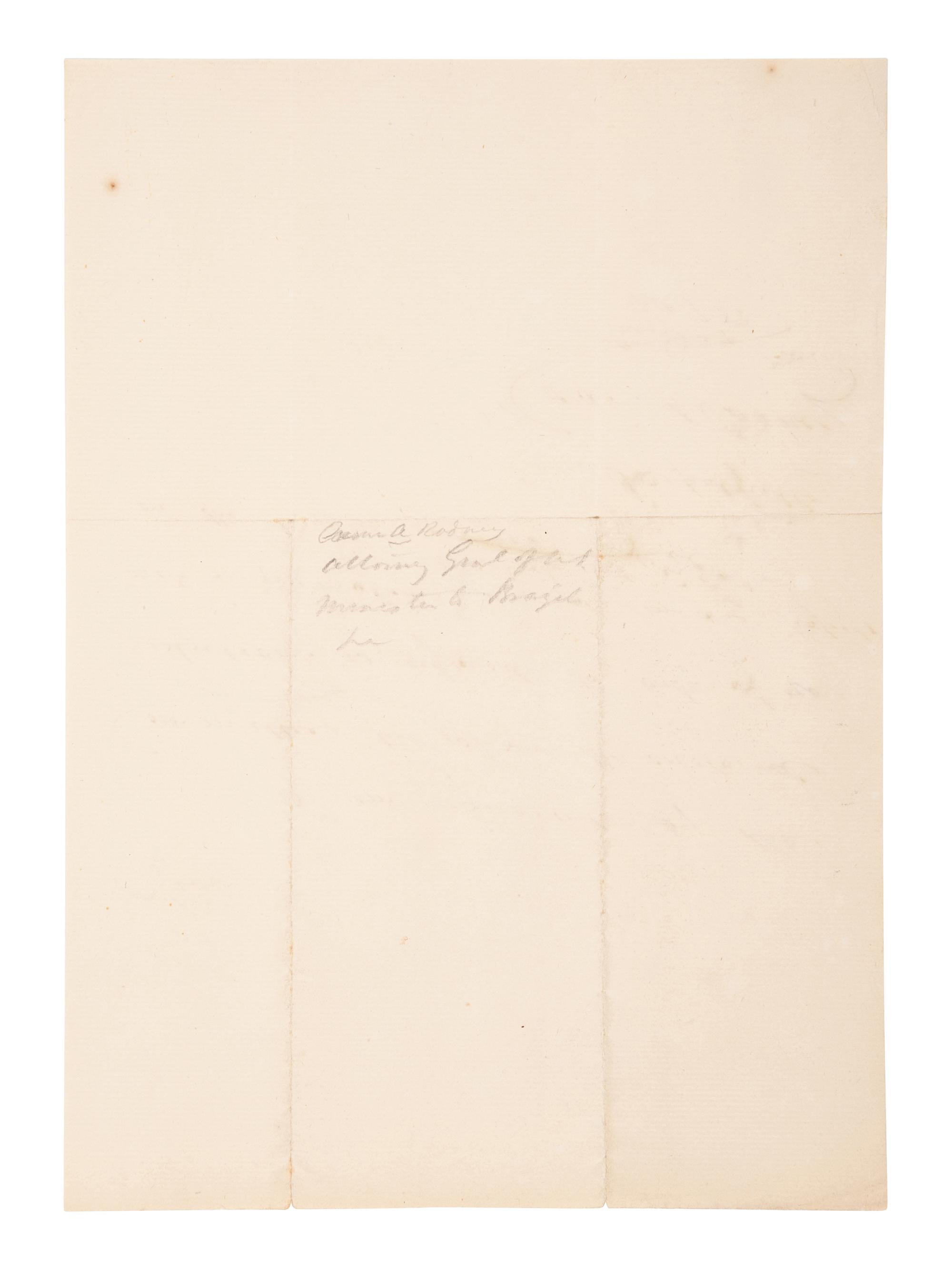 RODNEY, Caesar Augustus (1772-1824). Autograph letter signed (“Caesar A. Rodney”), as United States Minister to Argentina, to an unnamed recipient. [Washington D. C.], 7 February, 1823.
