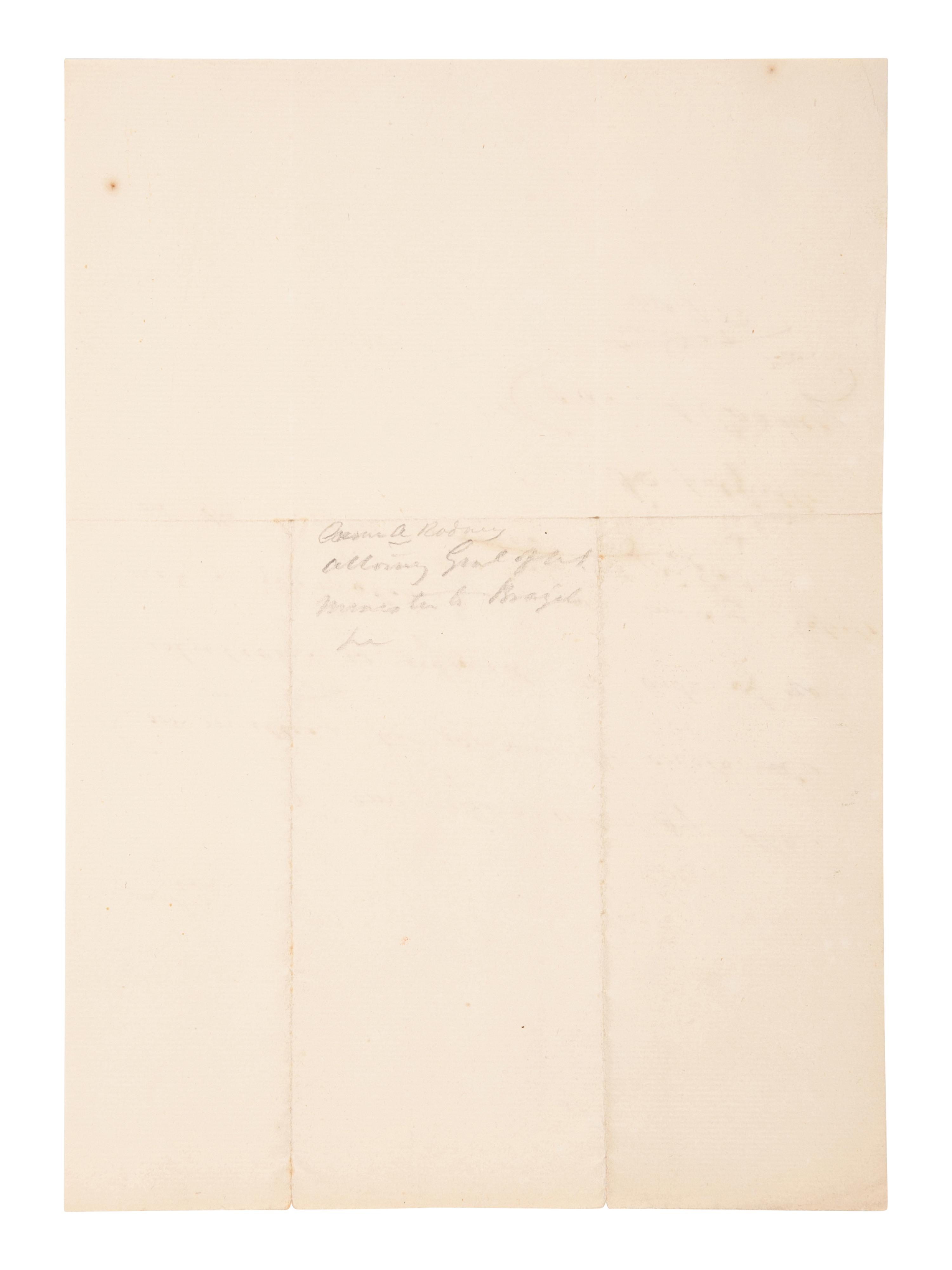 RODNEY, Caesar Augustus (1772-1824). Autograph letter signed (“Caesar A. Rodney”), as United States Minister to Argentina, to an unnamed recipient. [Washington D. C.], 7 February, 1823.