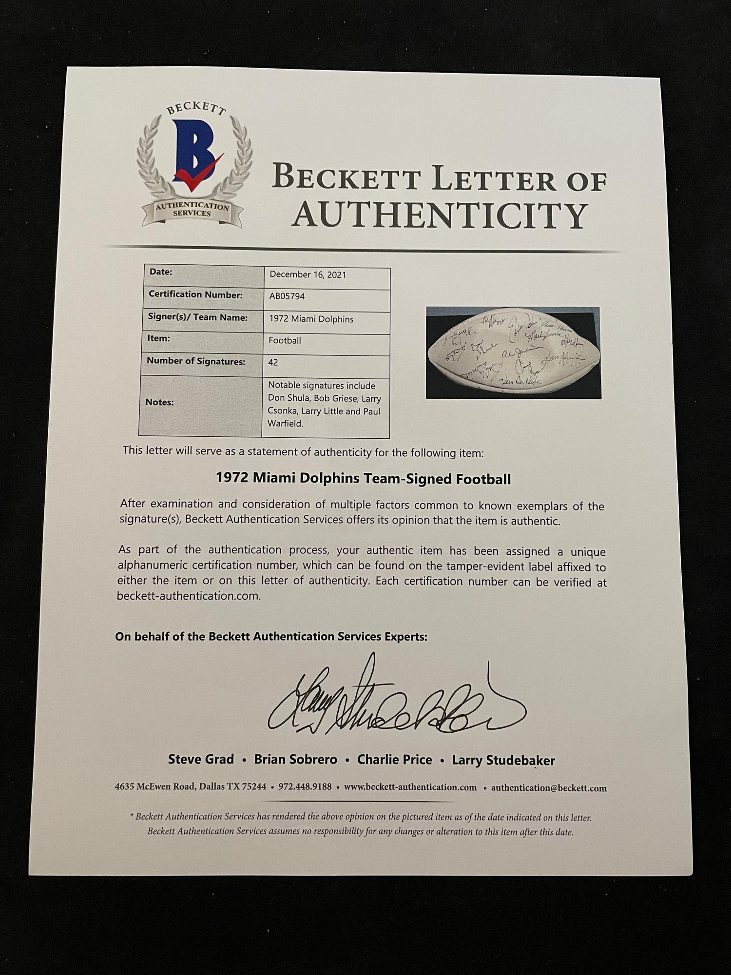 A 1972 Miami Dolphins Undefeated Team Signed Autograph Football (42 Signatures) (Beckett Authentication Services Letter BAS Certified)