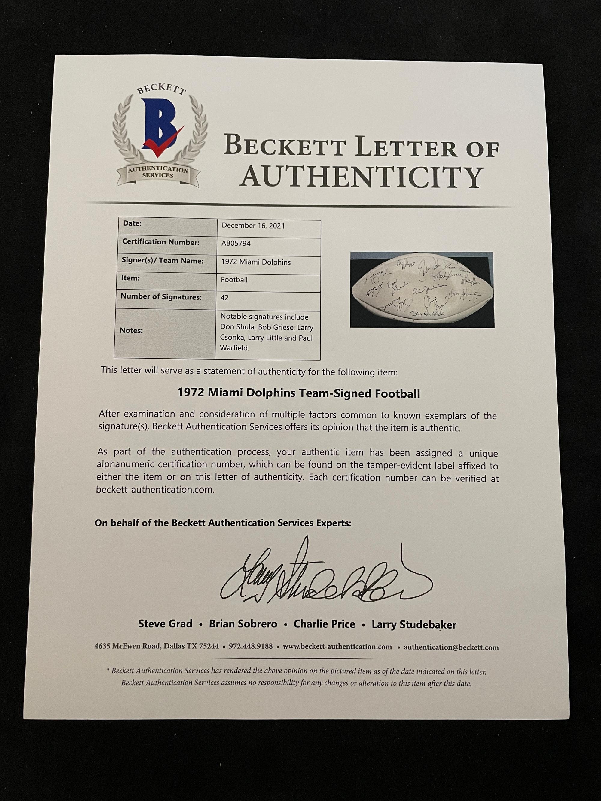 A 1972 Miami Dolphins Undefeated Team Signed Autograph Football (42 Signatures) (Beckett Authentication Services Letter BAS Certified)