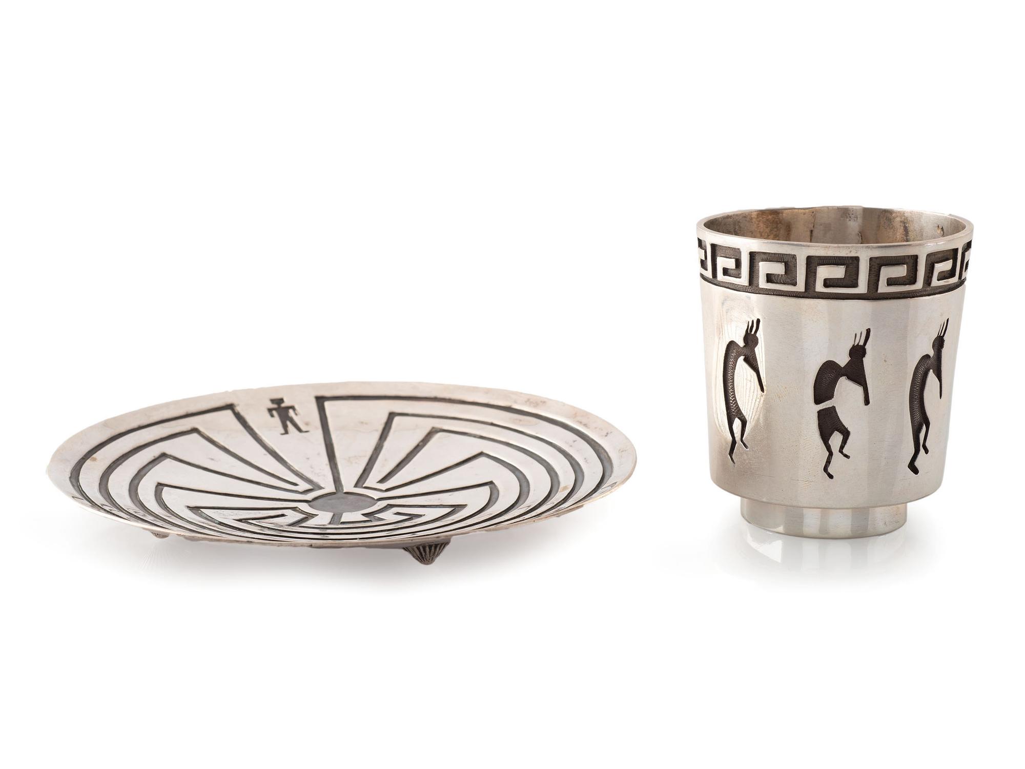 Hopi Silver Overlay Dish AND Cup