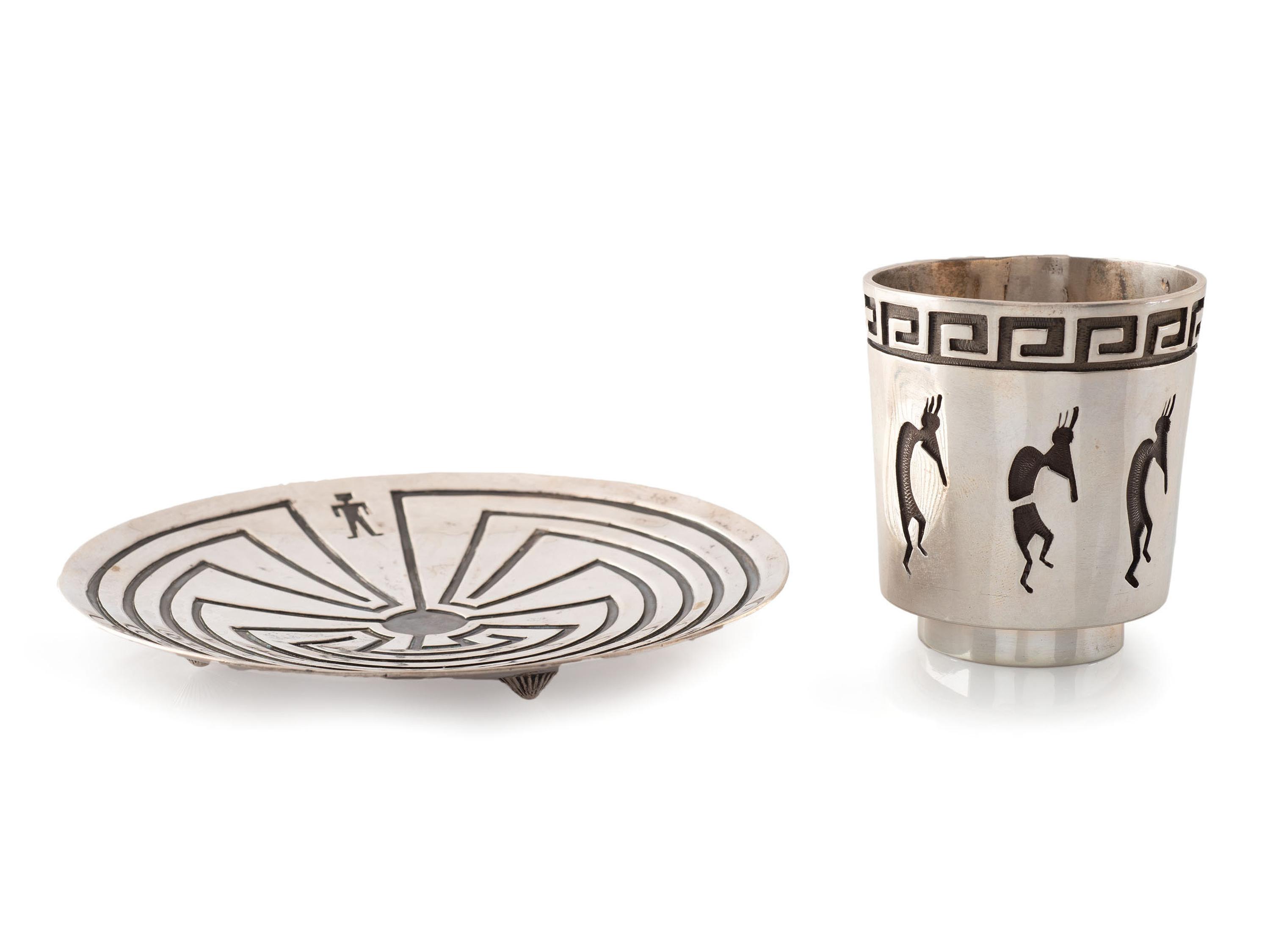 Hopi Silver Overlay Dish AND Cup
