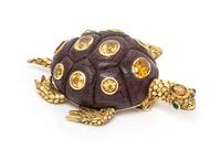 An 18 Karat Yellow Gold, Wood, Citrine and Emerald Turtle Brooch, Seaman Schepps, 25.80 dwts.