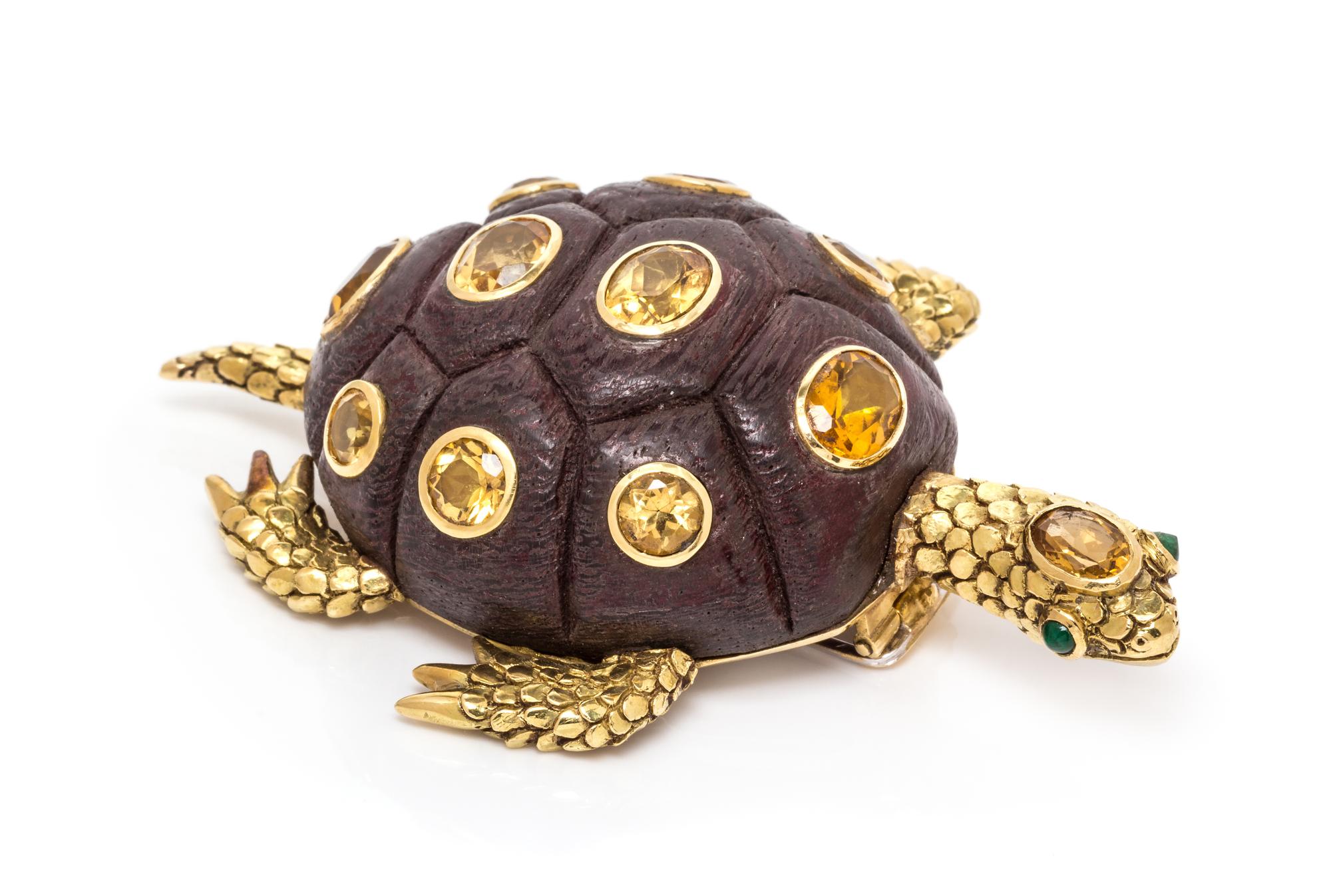 An 18 Karat Yellow Gold, Wood, Citrine and Emerald Turtle Brooch, Seaman Schepps, 25.80 dwts.