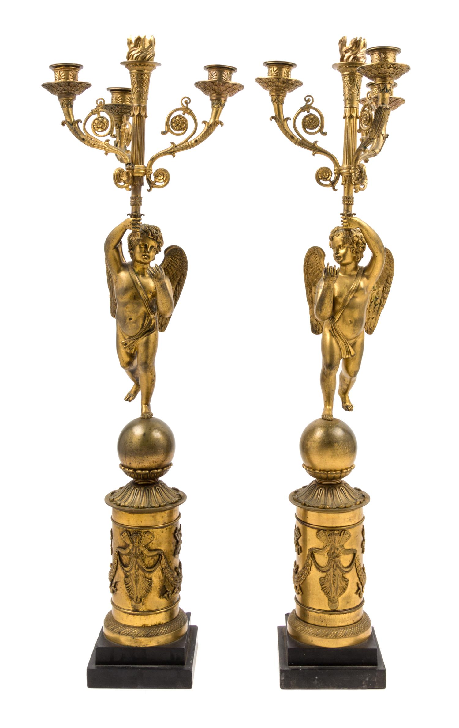 A Pair of Continental Gilt Bronze Figural Candelabra Height 28 1/2 inches.