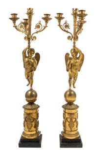 A Pair of Continental Gilt Bronze Figural Candelabra Height 28 1/2 inches.