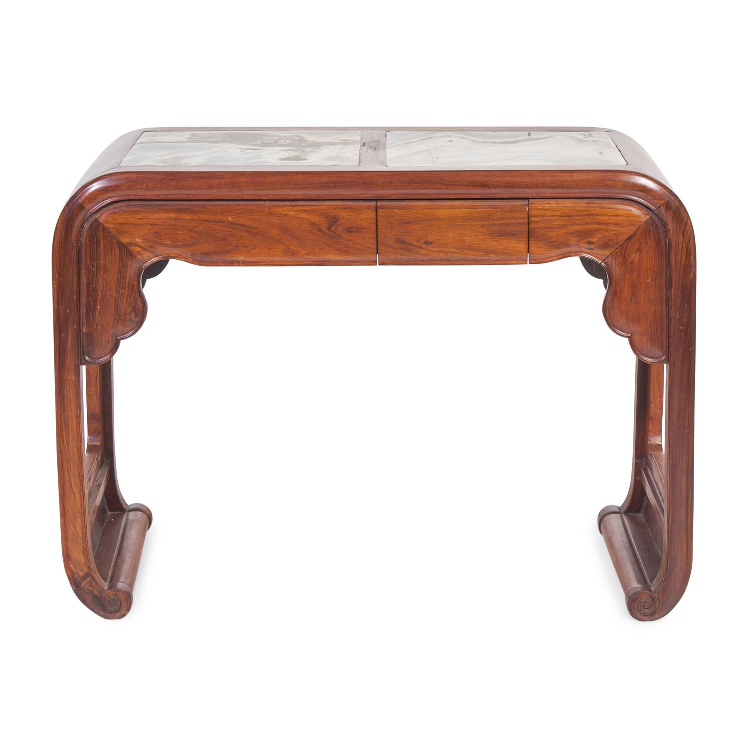 A Chinese Marble Inset Ironwood Game Table, 19th/Early 20th Century 清晚期 鐵力木嵌大理石書卷式條案