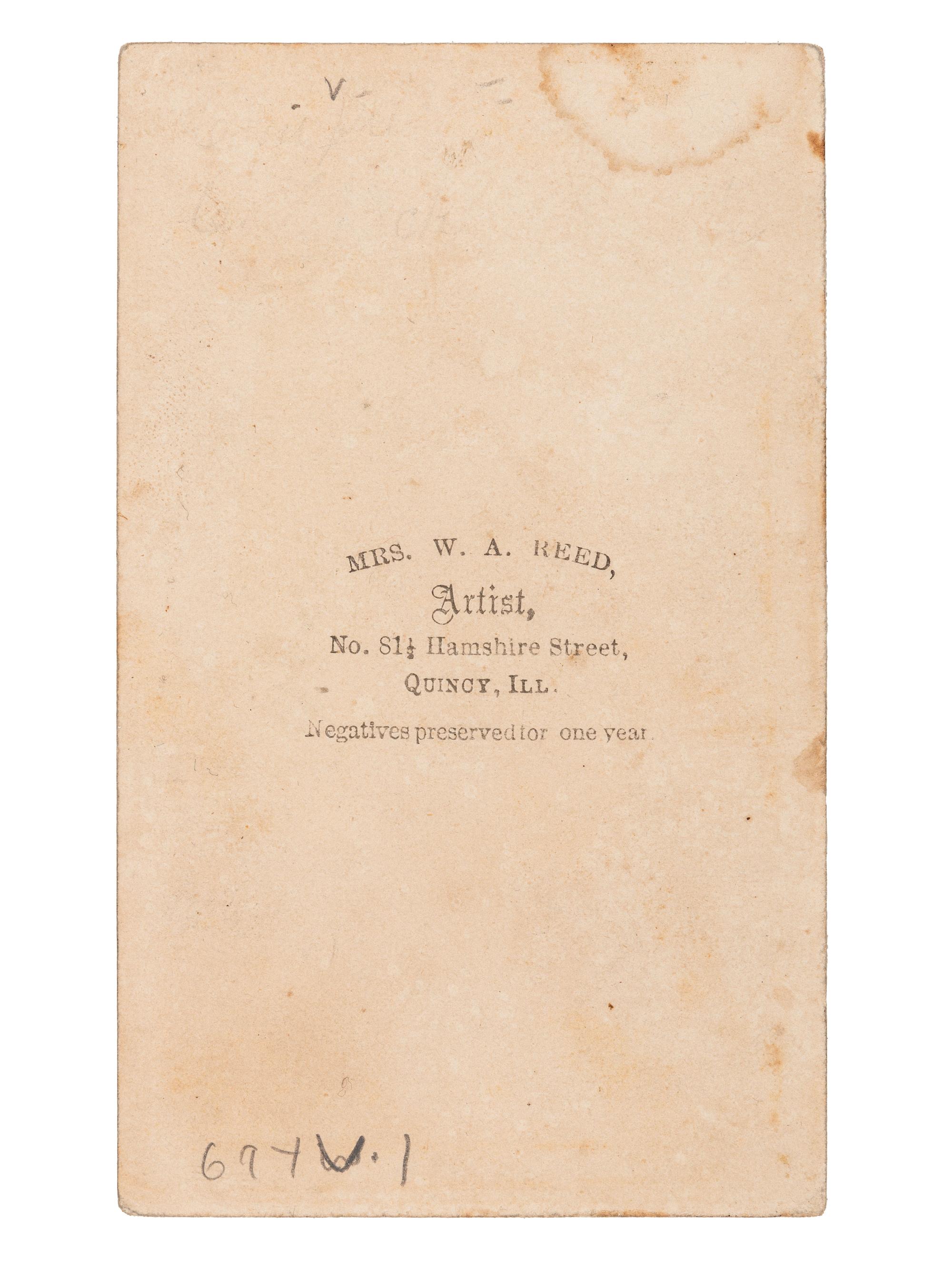 [EARLY PHOTOGRAPHY]. CDV of an African American bride and groom. Quincy, IL: Mrs. W.A. Reed.