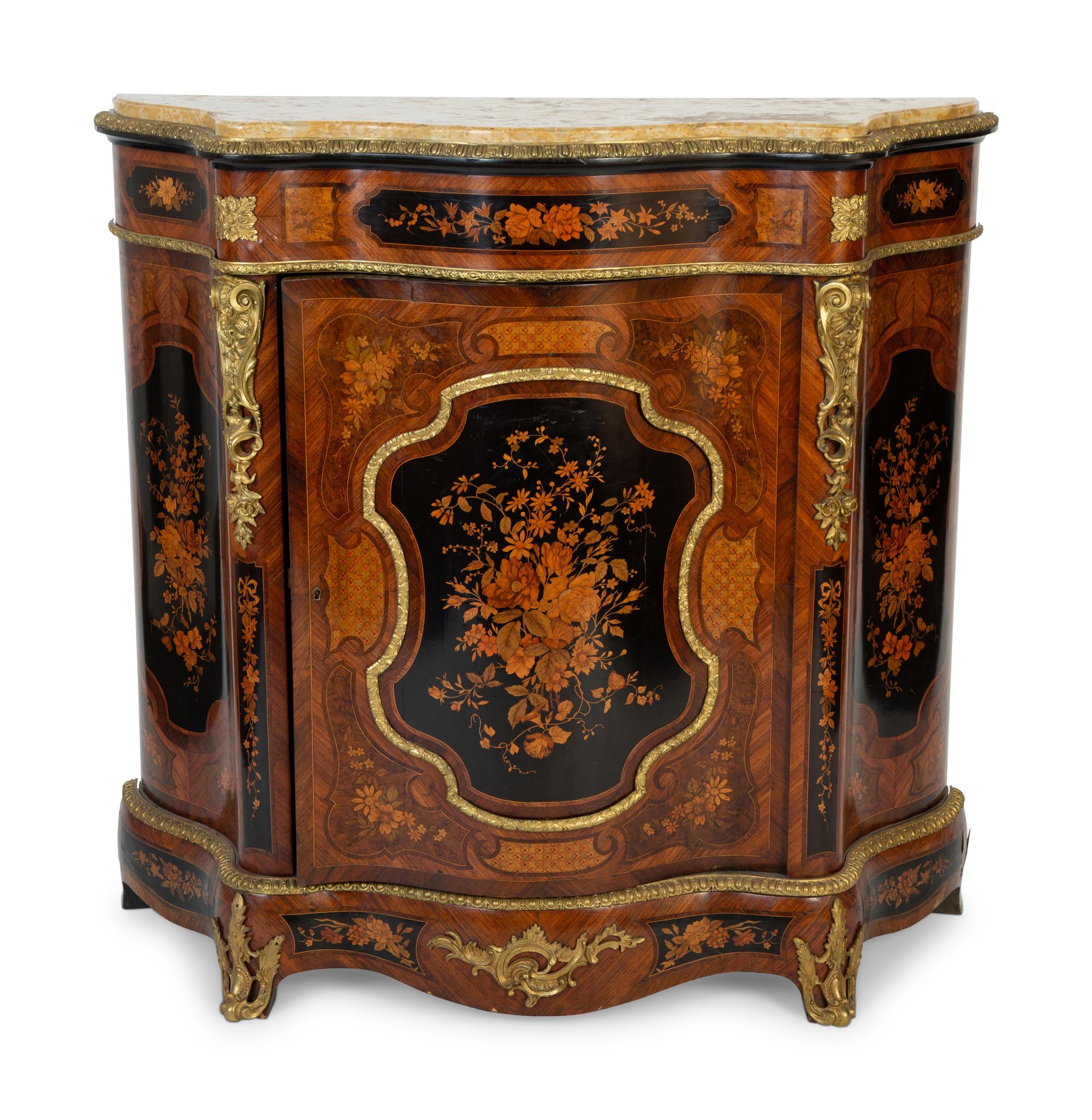 A Napoleon III Gilt Bronze Mounted Marquetry Marble Top Cabinet — 19TH CENTURY