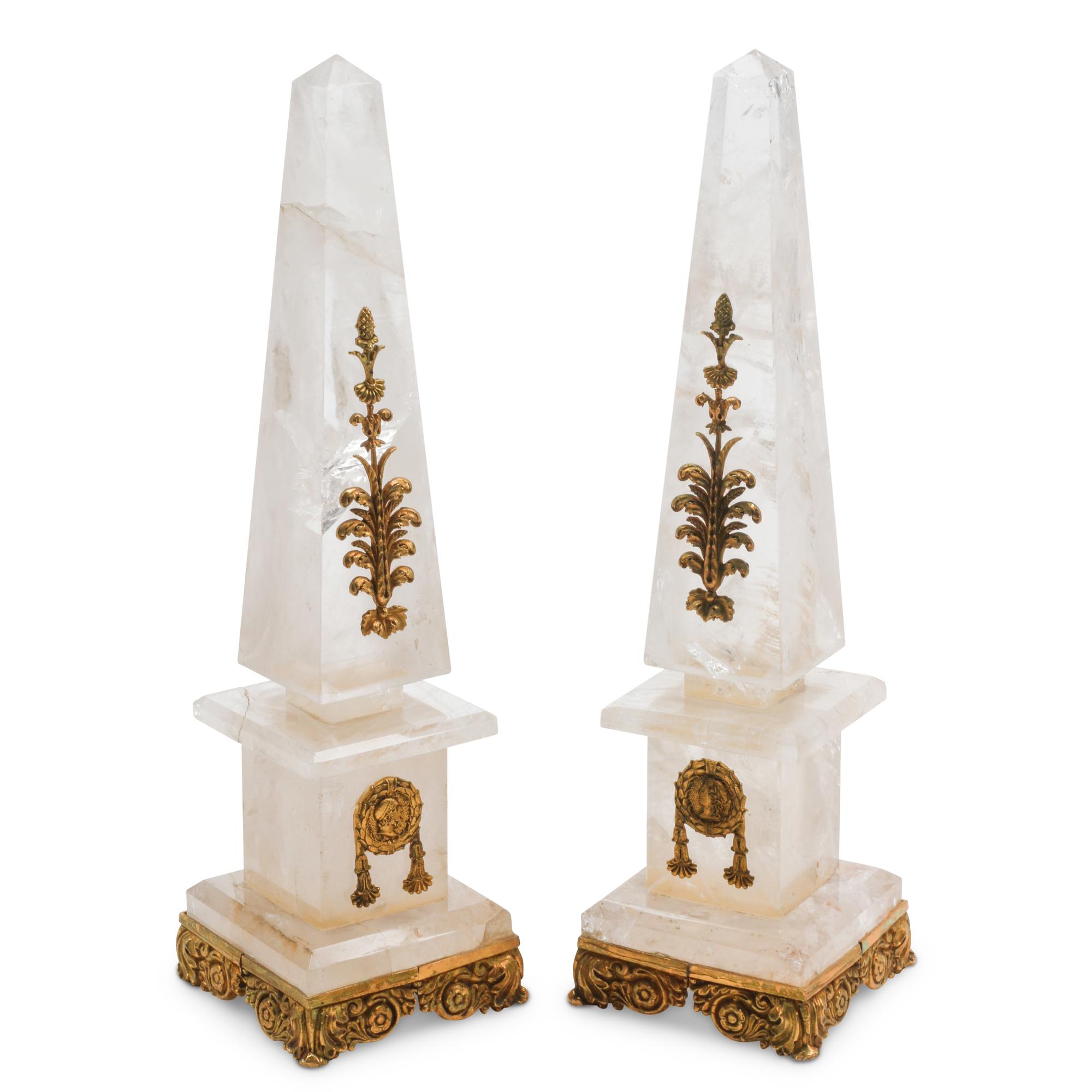 A Pair of Rock Crystal and Gilt Bronze Mounted Obelisks