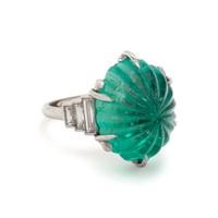 ART DECO, CARVED EMERALD AND DIAMOND RING