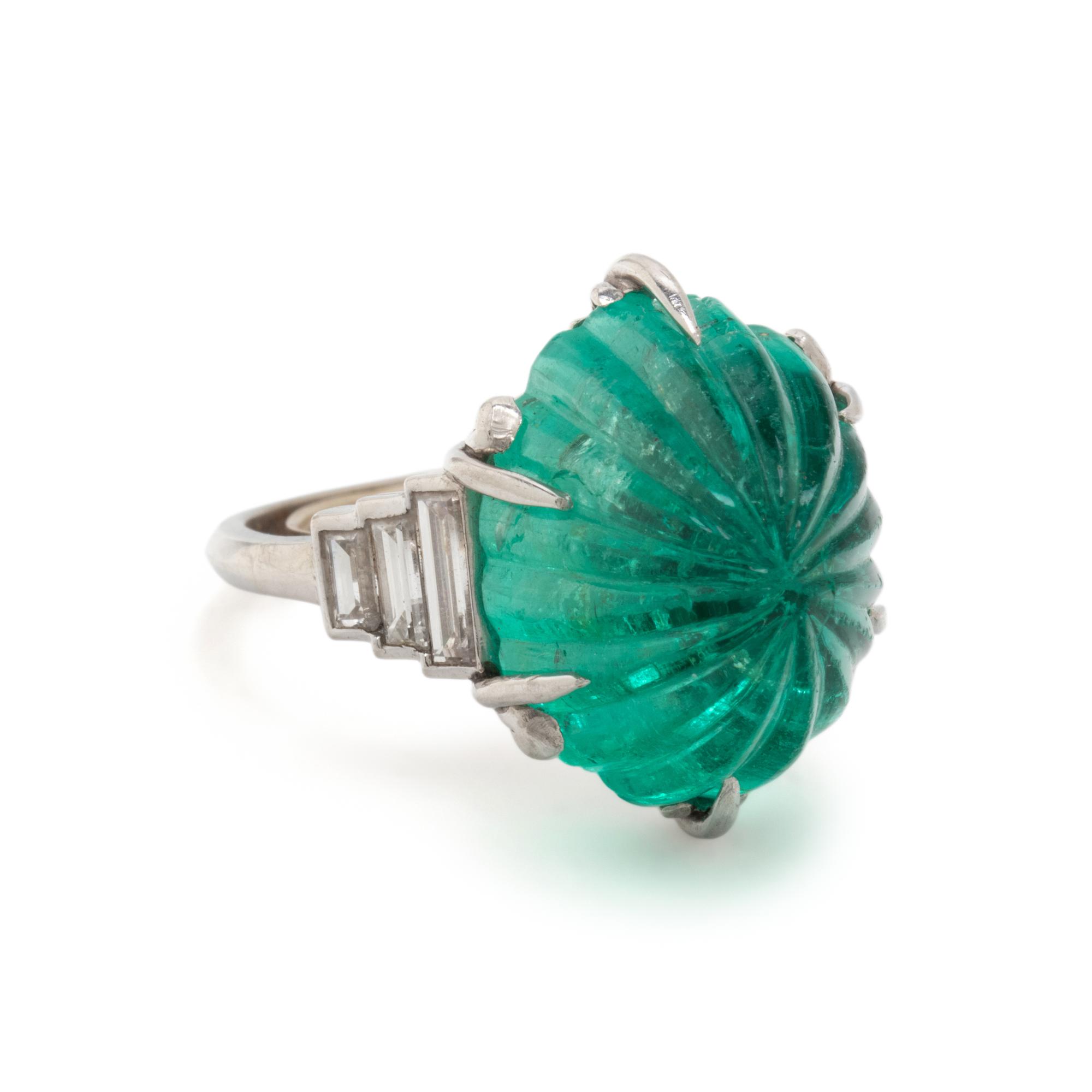 ART DECO, CARVED EMERALD AND DIAMOND RING