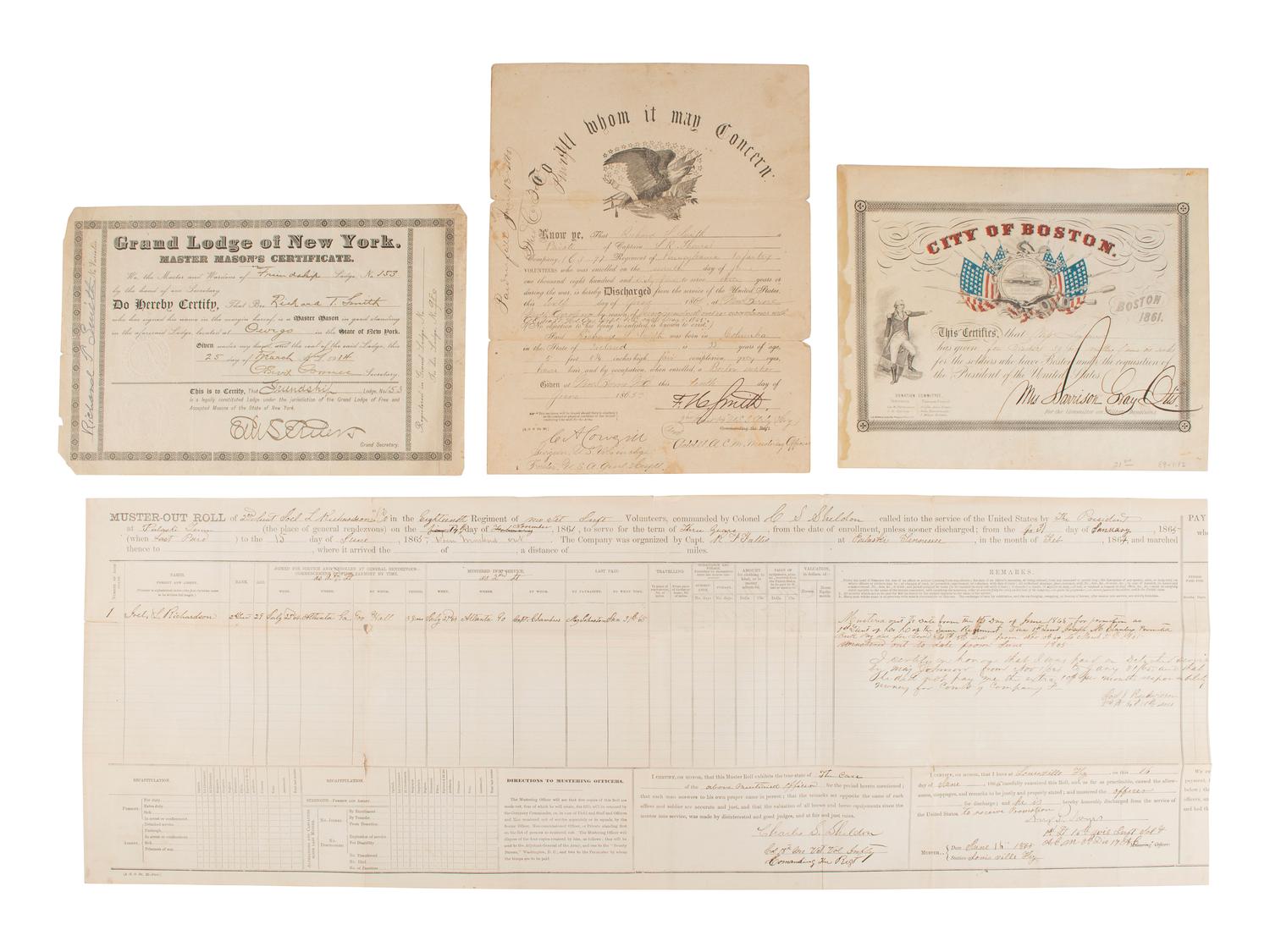 [CIVIL WAR]. Group of Civil War documents incl. muster roll, discharge papers, and more.