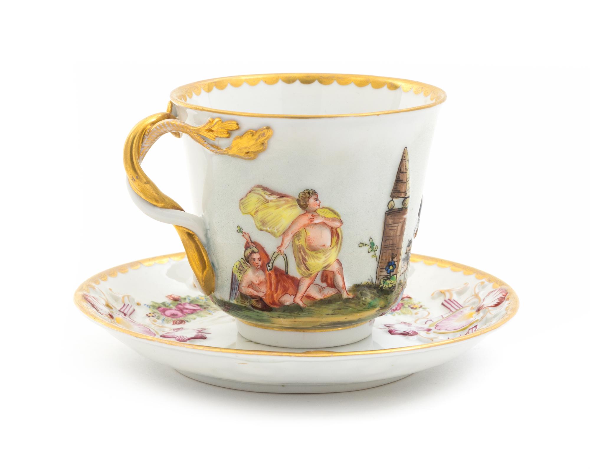 A Capo di Monte Porcelain Cup and Saucer Diameter of saucer 5 1/2 inches.