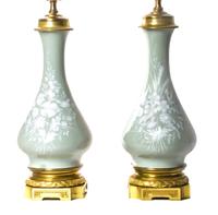A Pair of Continental Pate-sur-Pate Celadon Vases, Height 25 1/2 inches.