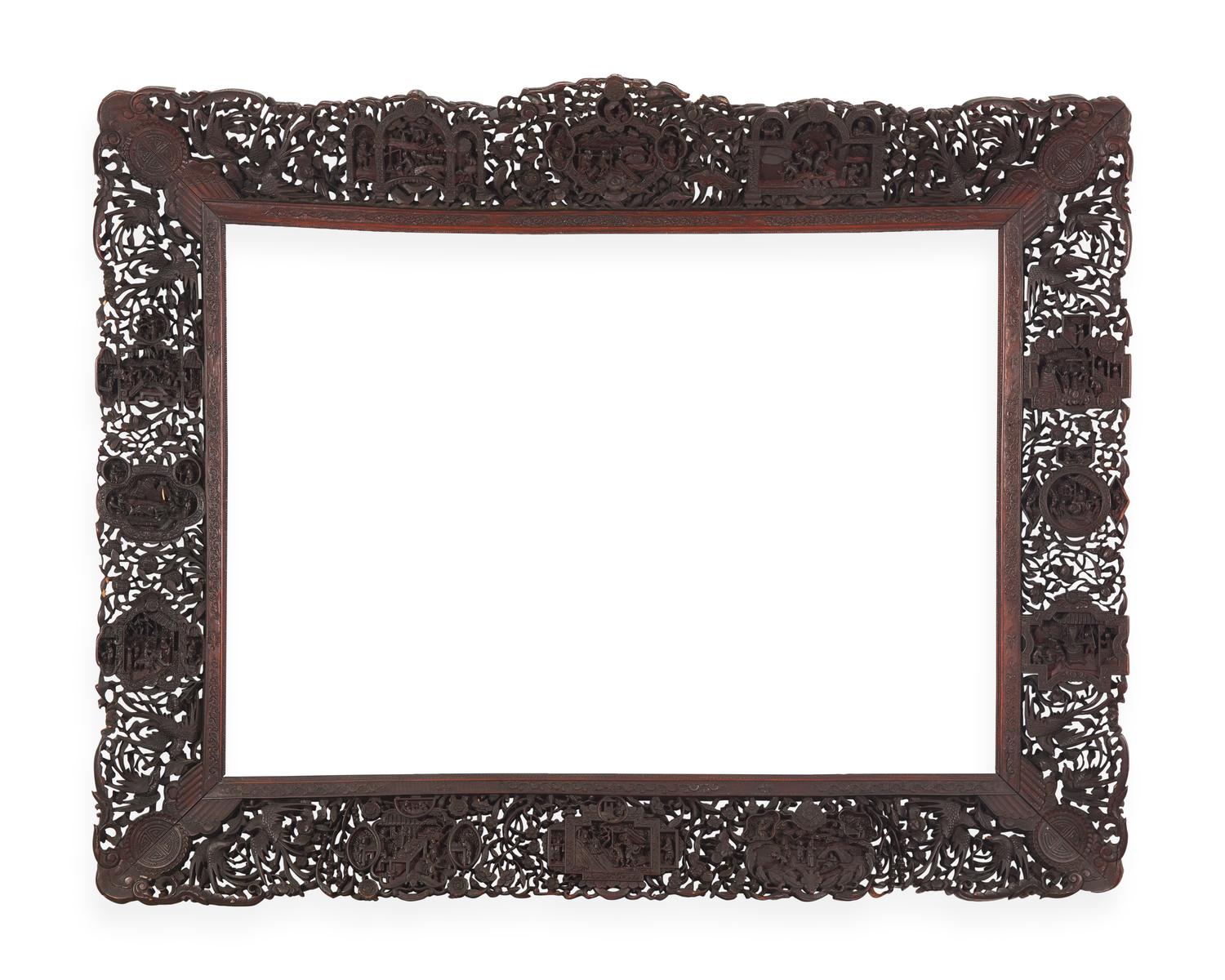 A large and impressive Chinese export carved and pierced stained wood frame, 19th century