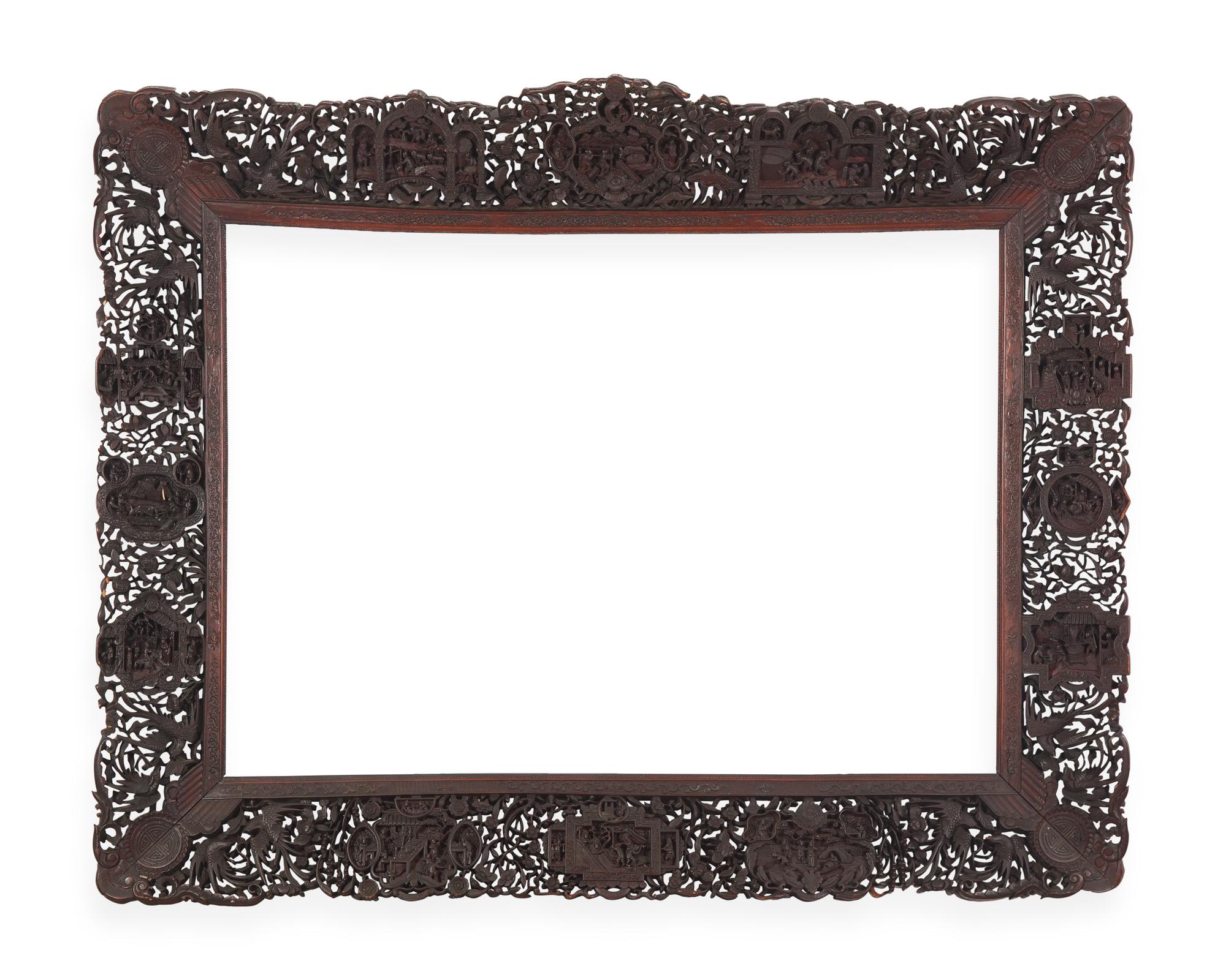 A large and impressive Chinese export carved and pierced stained wood frame, 19th century
