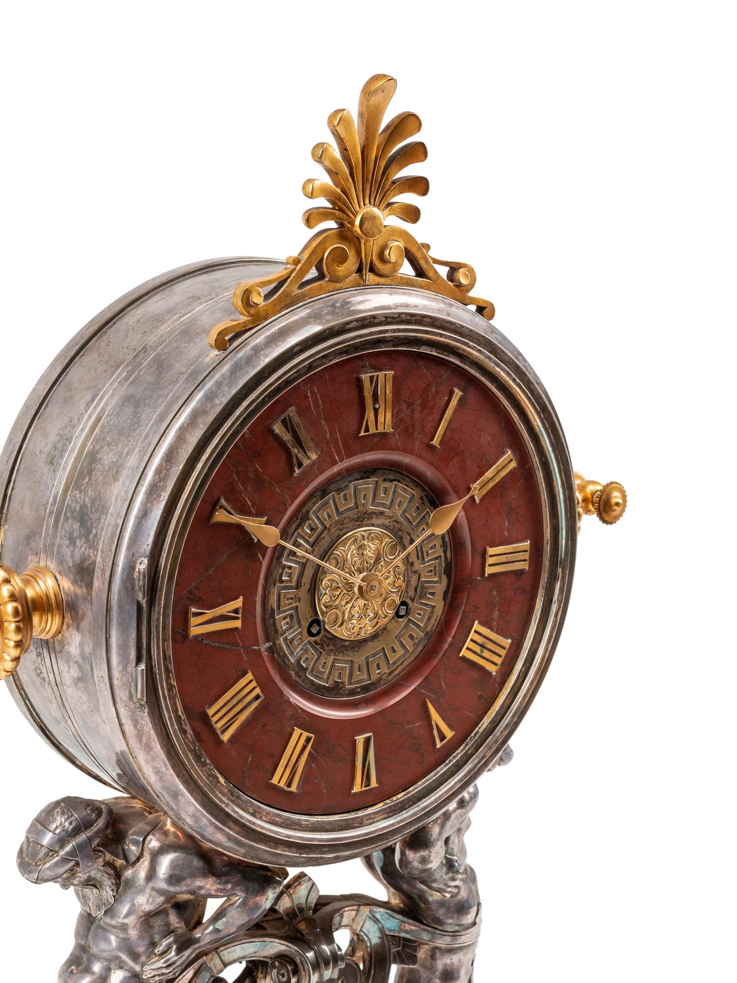 A French Neoclassical Gilt and Silvered Bronze and Marble Mantel Clock