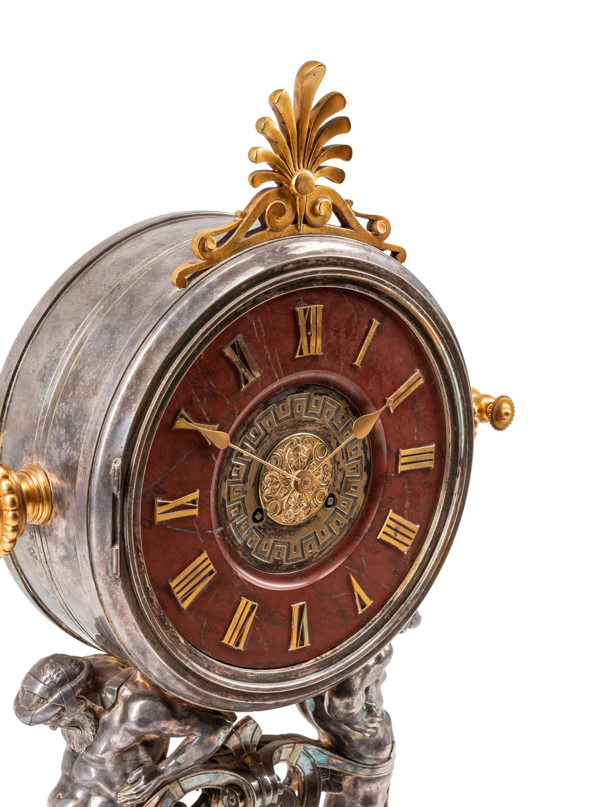 A French Neoclassical Gilt and Silvered Bronze and Marble Mantel Clock