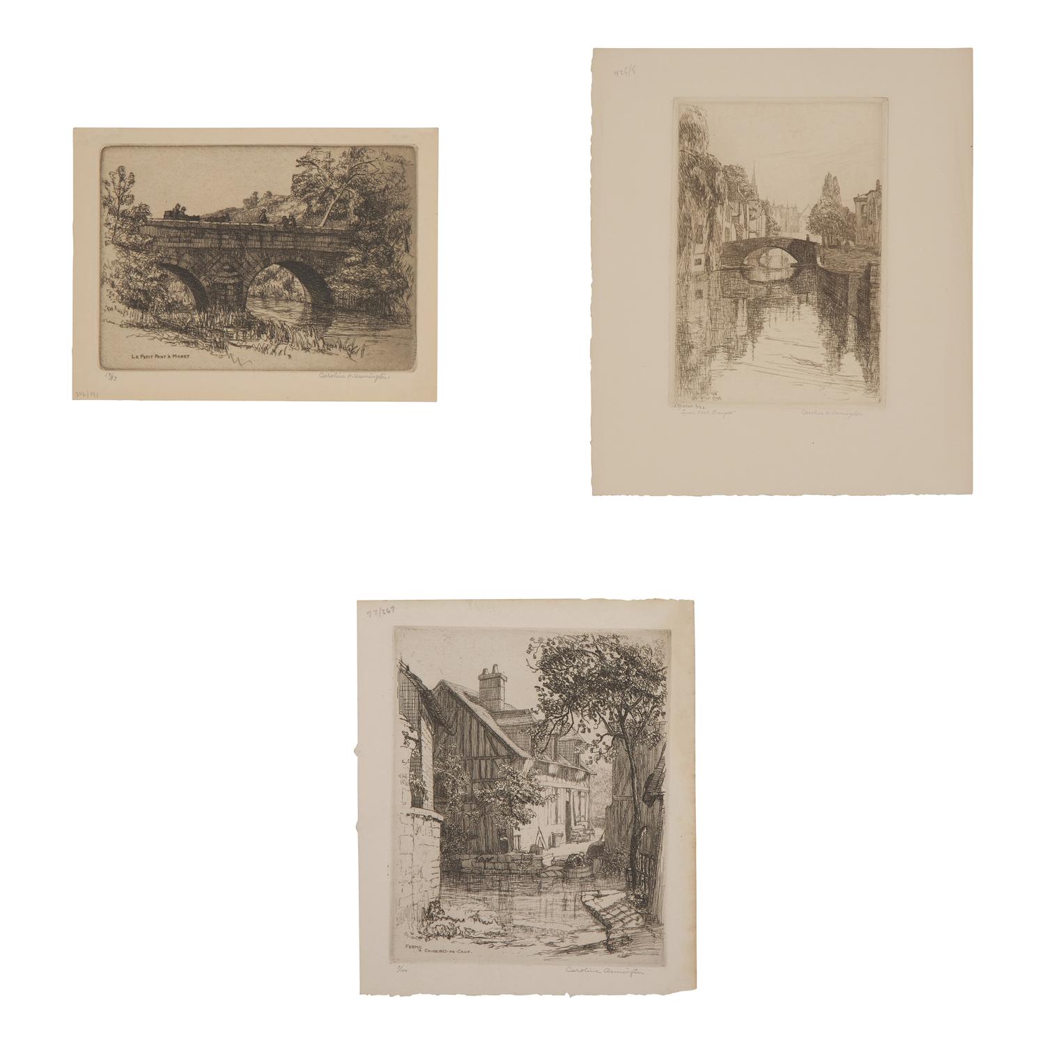 Caroline Helena Armington (American, 1875–1939) — Le Petit Pont a Moret , 1917; Together with Quoi Vert, Bruges , 1908 ; and Ferme a Caudebec-en-Caux , 1921 (Three Works)